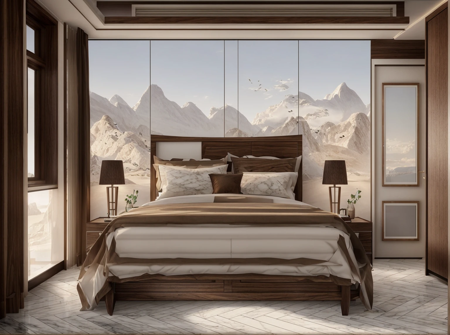 Modern, luxurious bedroom, marble floor, walnut wood doors, white curtains