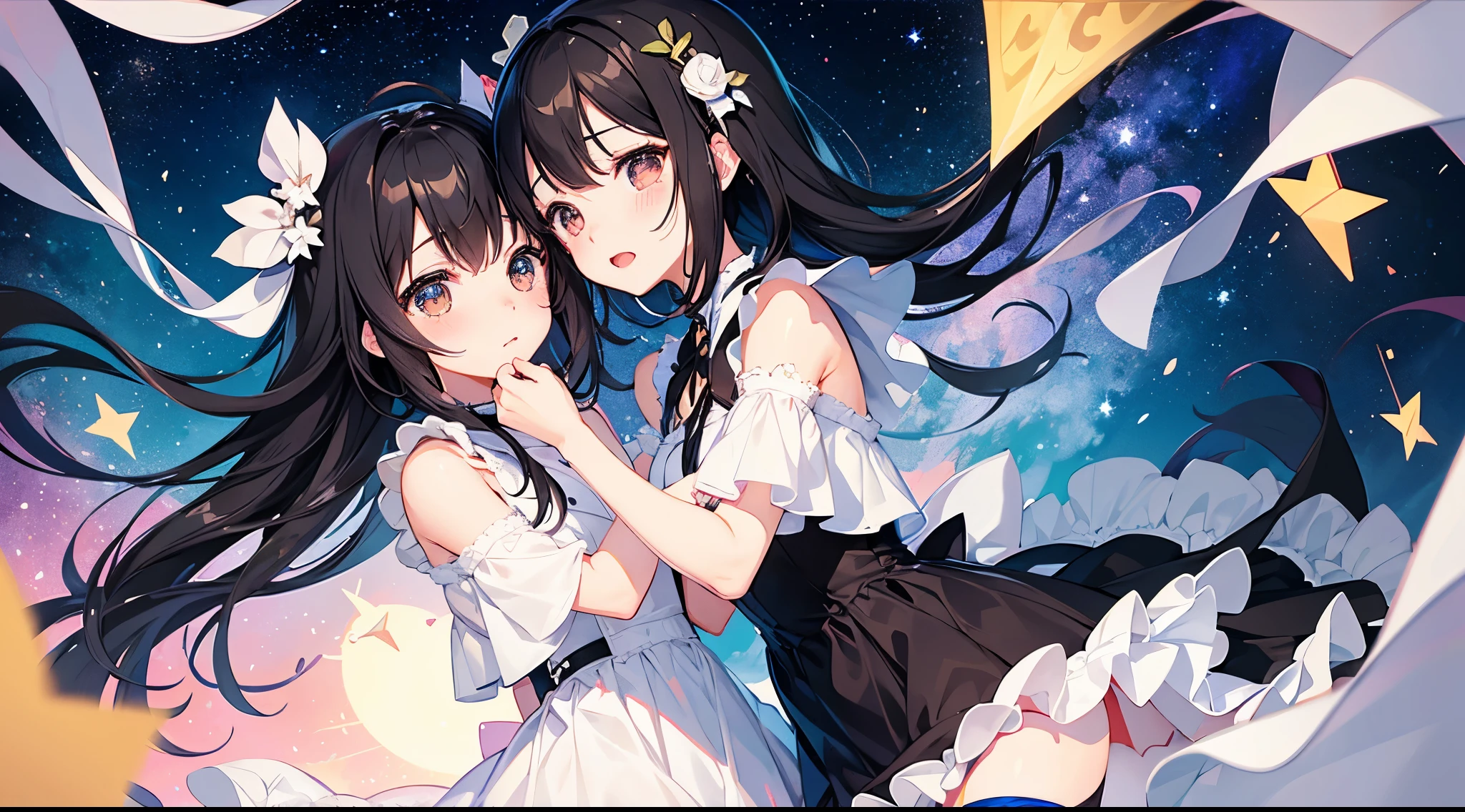 Cute illustrations、Girl、Black Hair、Half crying、My eyes are watering、Wearing a dress、一人のGirl、The background is a starry sky