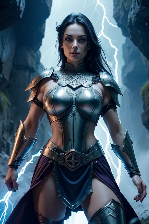 Aletta Ocean, angry evil beautiful and muscular, Nordic female, towering storm Giantess with blue black hair in a ponytail, older and mature woman, throwing a lightning ball, celtic glowing tattoos, wearing nordic steel runic plate mail Armour , temple cave background with lightning storm, glowing blue eyes, square jaw, powerful and imposing, winter clothing, pale blue purple skin, ((full plate celtic dragon armour)), nordic tattoos

