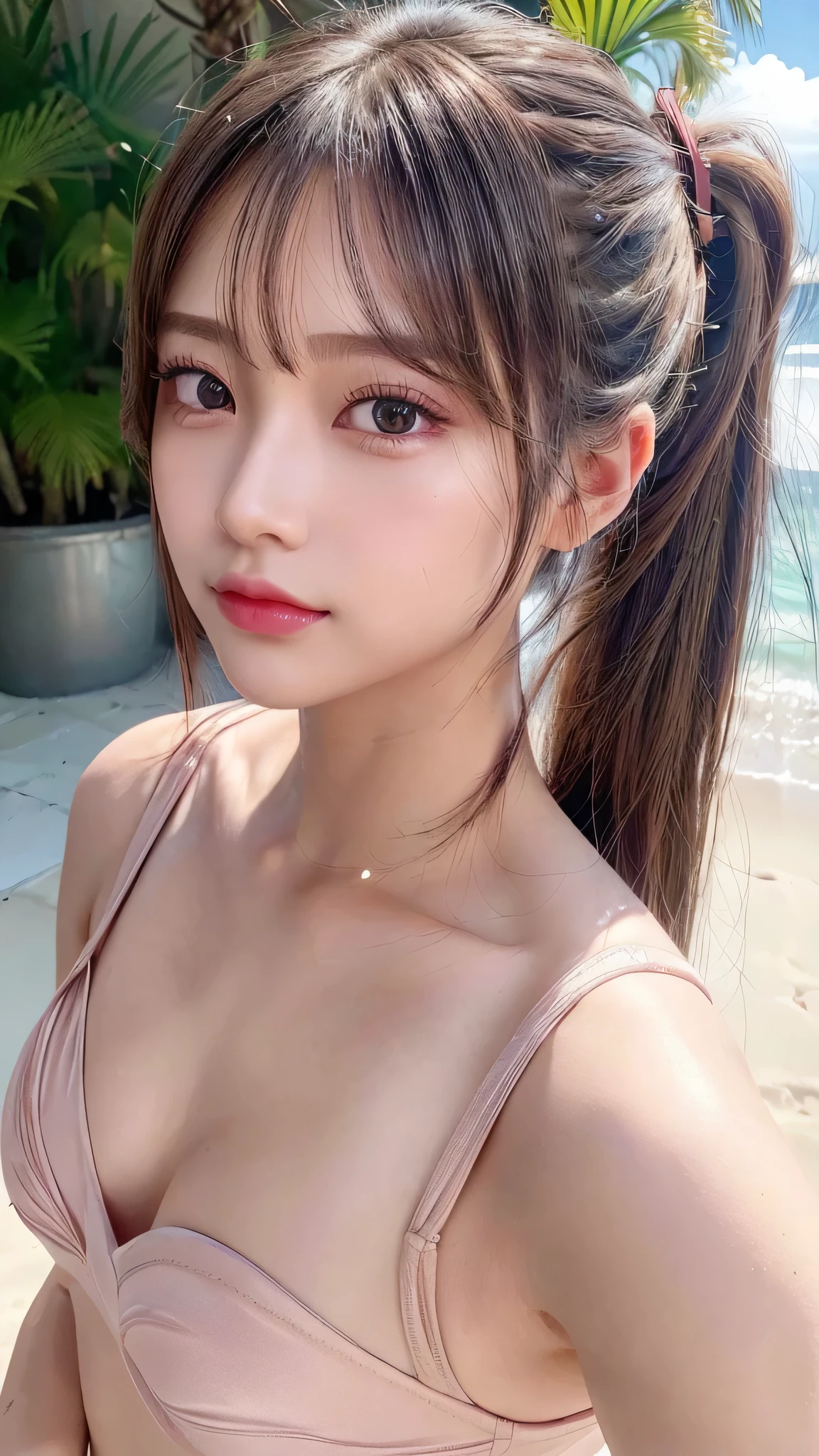 body shot,Outdoor,Pink micro bikini,resort Beach,Ultra-detailed, finely detail, hight resolution, 8K Wallpaper, Perfect dynamic composition, Beautiful detailed eyes,,Close-up of face,,Blushing,Facing forward,Long hair ponytail,((8k, Raw photo, Best Quality, Mastepiece:1.2), (Realism, Photorealistic:1.4), (Highly detailed 8K wallpapers), Depth of written boundary, Cinematic Lighting, Soft Light, Detailed Beauty Eye,Shiny and smooth light brown ponytail, Asymmetrical bangs, Shiny skin, Ultra-detailed skins ,It is high resolution., High detail, Detailed hairstyle, Detailed facial beauty, Hyper-realistic, Perfect limbs, Perfect Anatomy ,Of Japanese,Famous Japanese Idols, Perfect female body,A shy smile,Short eyelashes,Double-edged eyelids,Look straight here,Hair style: ponytail,