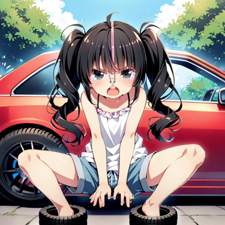 (anime)mesuyonku:5.0,Spread your legs,(Short arms, Short legs,)1 person,(masterpiece, Very detailed)Glaring at the audience,(anger:0.5),camisole,Shorts,Long twin tail hair, Black Hair, (Upper teeth) ,tears,garden、Car tires in both hands:1.7、Car tires on both feet:1.8. A girl transformed into a car:5.0
