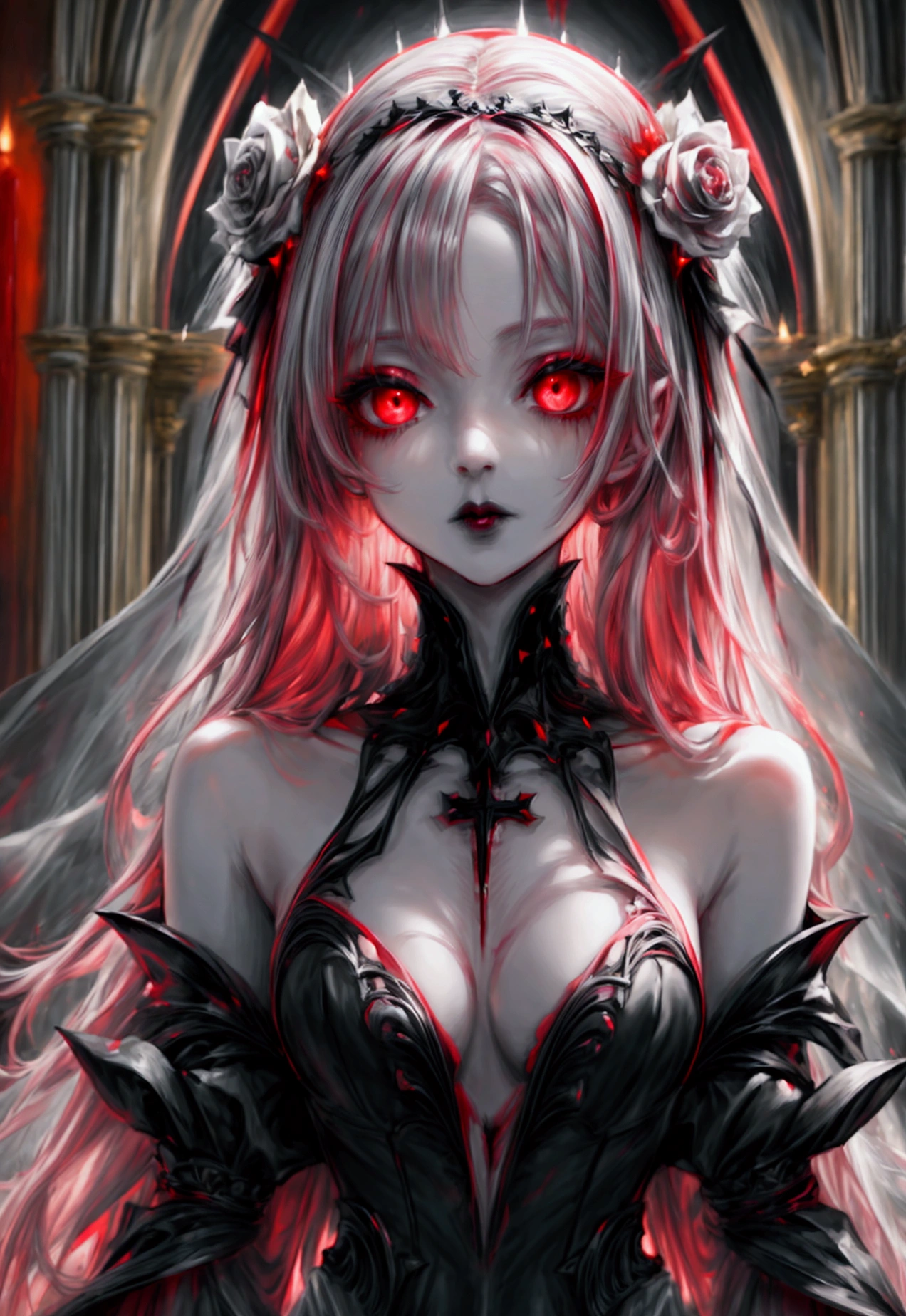 Arafed, dark fantasy art, glamour shot, award winning shot, photorealistic, a portrait of a female vampire drinking a ((glass of blood)), pink hair, long hair, red lips, glowing eyes, there is an imprint of white rose, dynamic color, she wears, an elegant (black dress: 1.5), catholic church and altar background, bar background, 16k, ultra detailed, masterpiece, best quality, (extremely detailed), Dark Art Painting Style