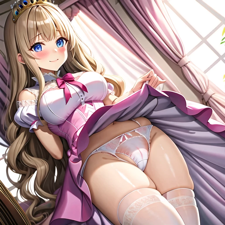 One person, alone, Skirt lifted, white panties, princess dress, large pussy, pantie down,