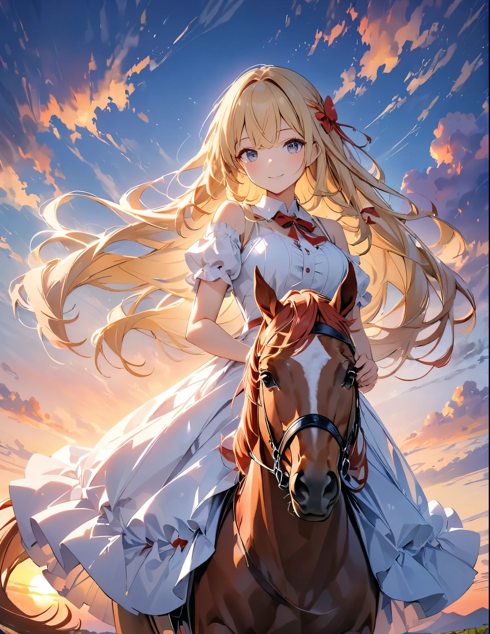 アニメ、アニメスタイル、アニメ風、((Amazingly absurd)),超High resolution, Attention to detail, high quality, High resolution, 最high quality, 4K, 8k,Girl on a horse、White dress with a red accent on a white background、Blonde、Long Hair、Red Hair Accessories、Sunset and white clouds background