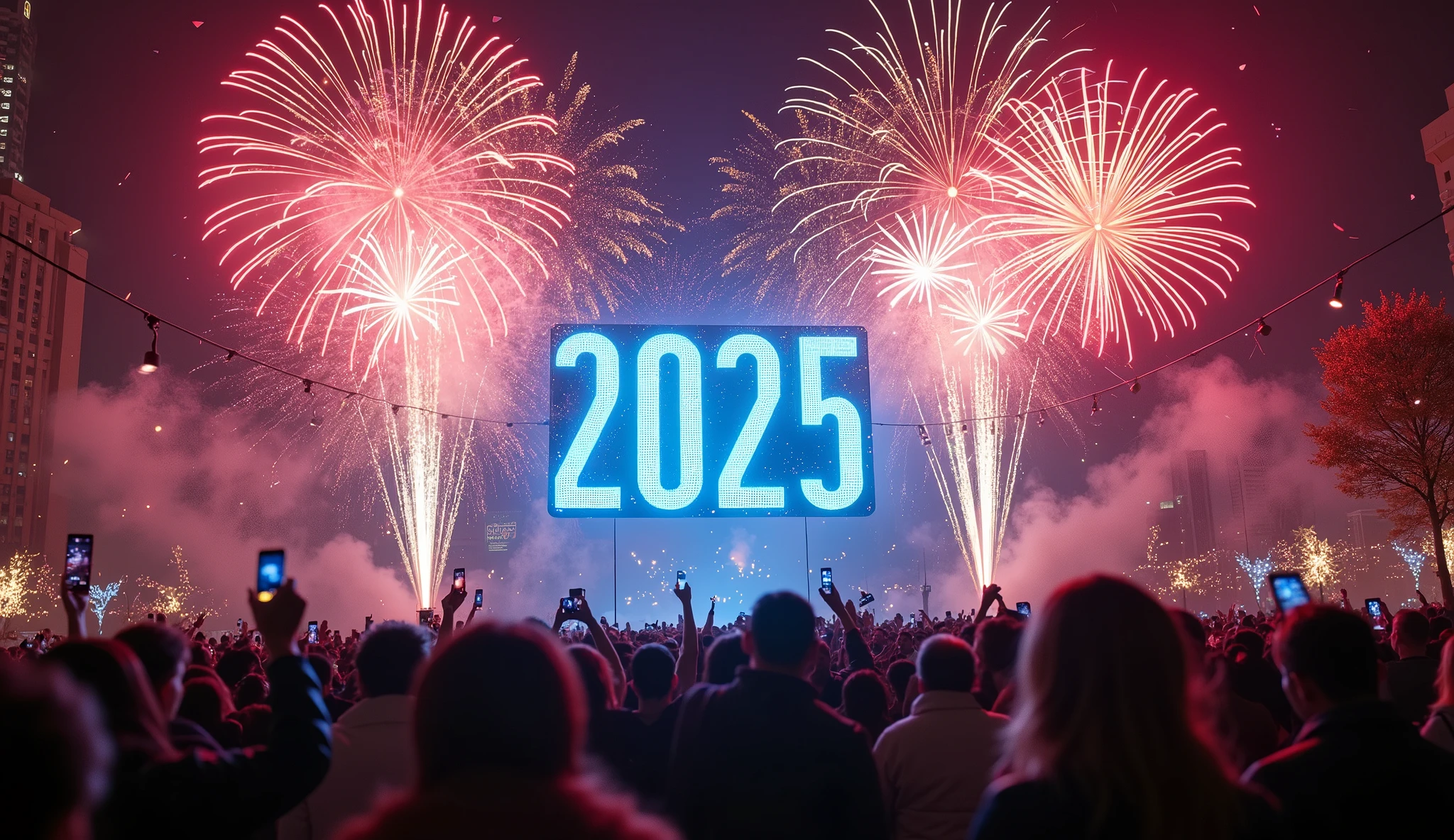 A 2025 New Year’s celebration image featuring a Hologram Digital clock and a burst of fireworks.