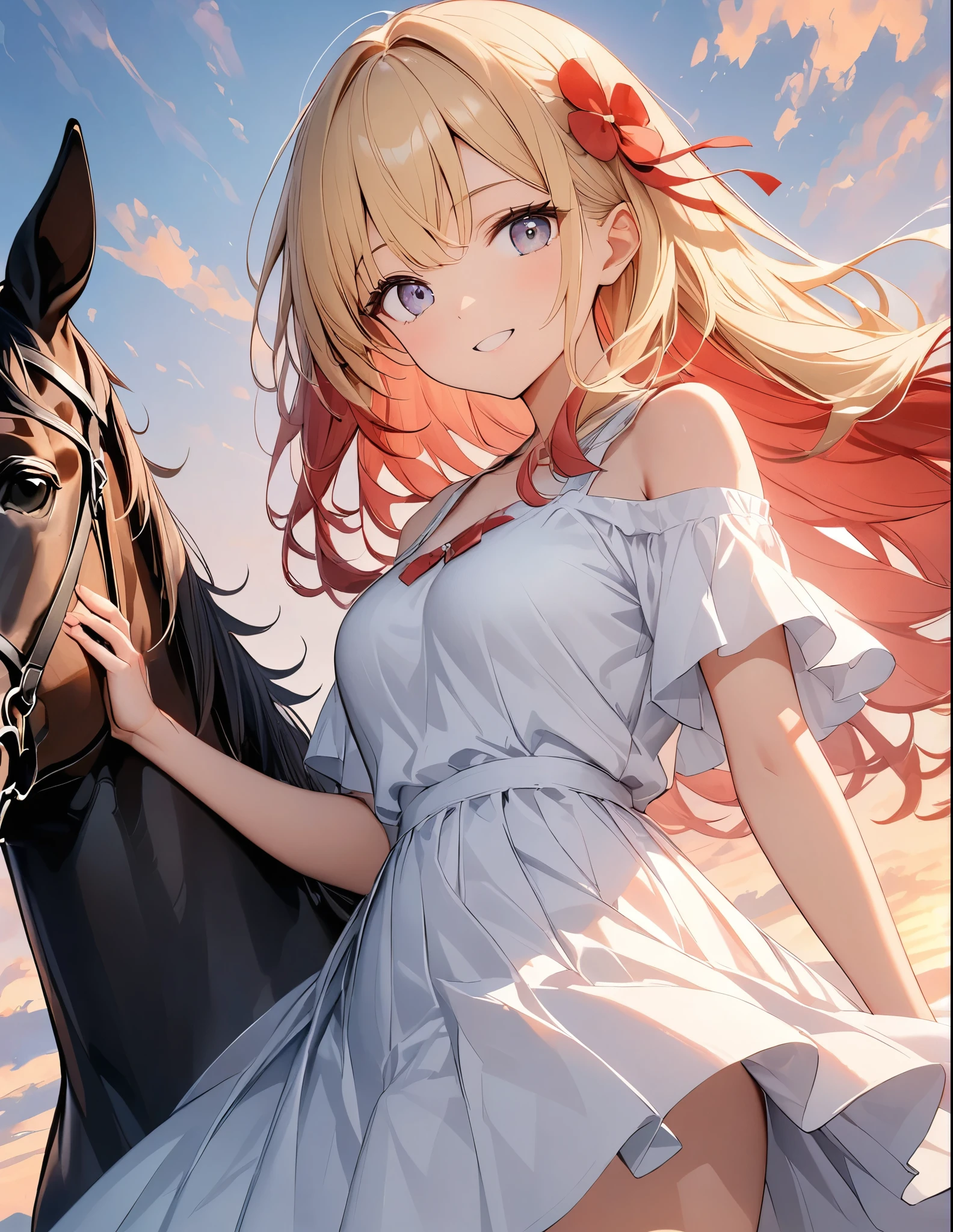 アニメ、アニメスタイル、アニメ風、((Amazingly absurd)),超High resolution, Attention to detail, high quality, High resolution, 最high quality, 4K, 8k,Girl on a horse、White dress with a red accent on a white background、Blonde、Long Hair、Red Hair Accessories、Sunset and white clouds background