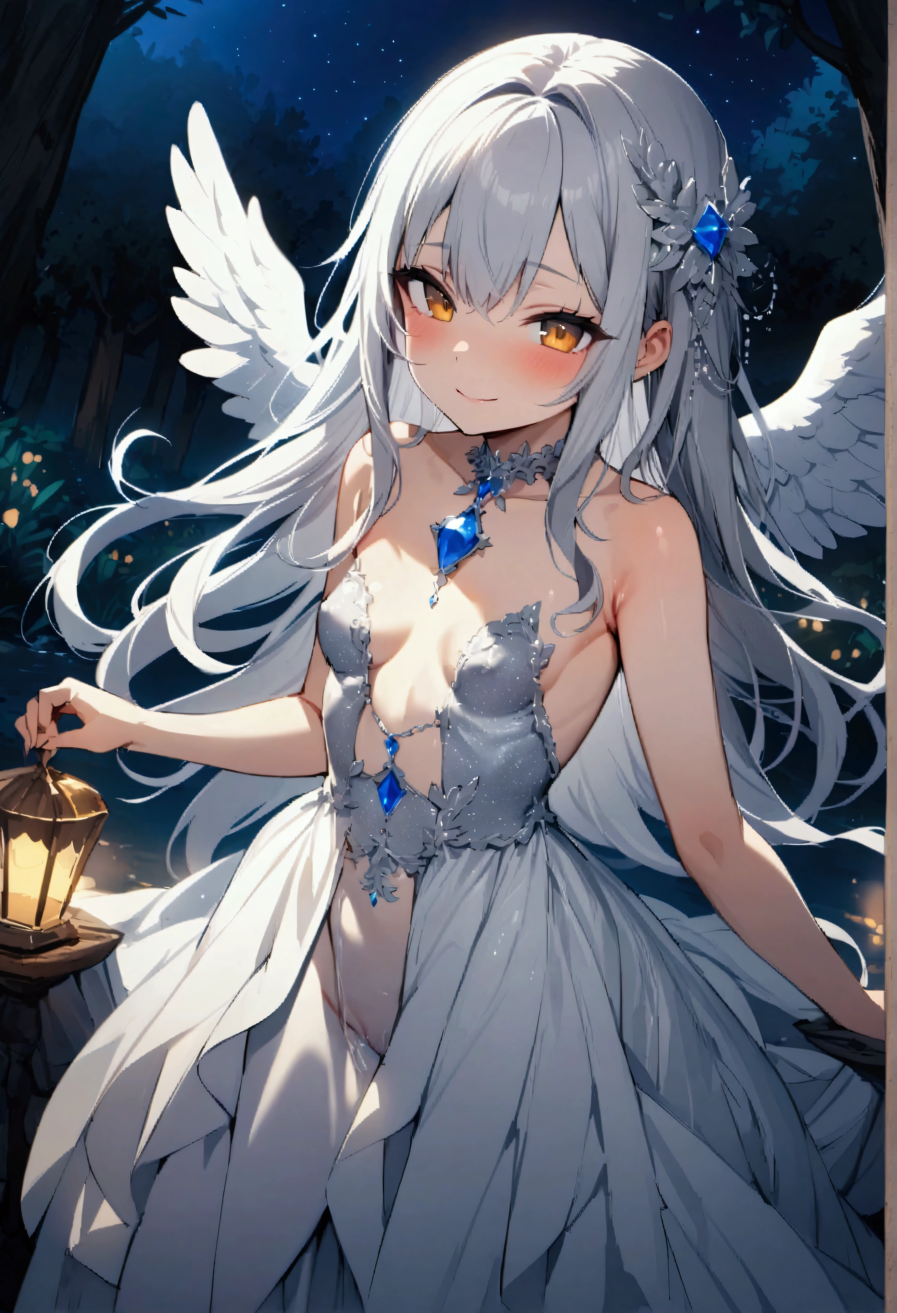 NSFW,masterpiece,Highest quality,High resolution,Very detailed,Girl,Silver Hair,long hair,Golden Eyes,Small breasts,Short height,Angel,wing,Glittering dresses,gem,Decoration,In the forest at night,Lakeside,Starry Sky,Bad Smile,Brat