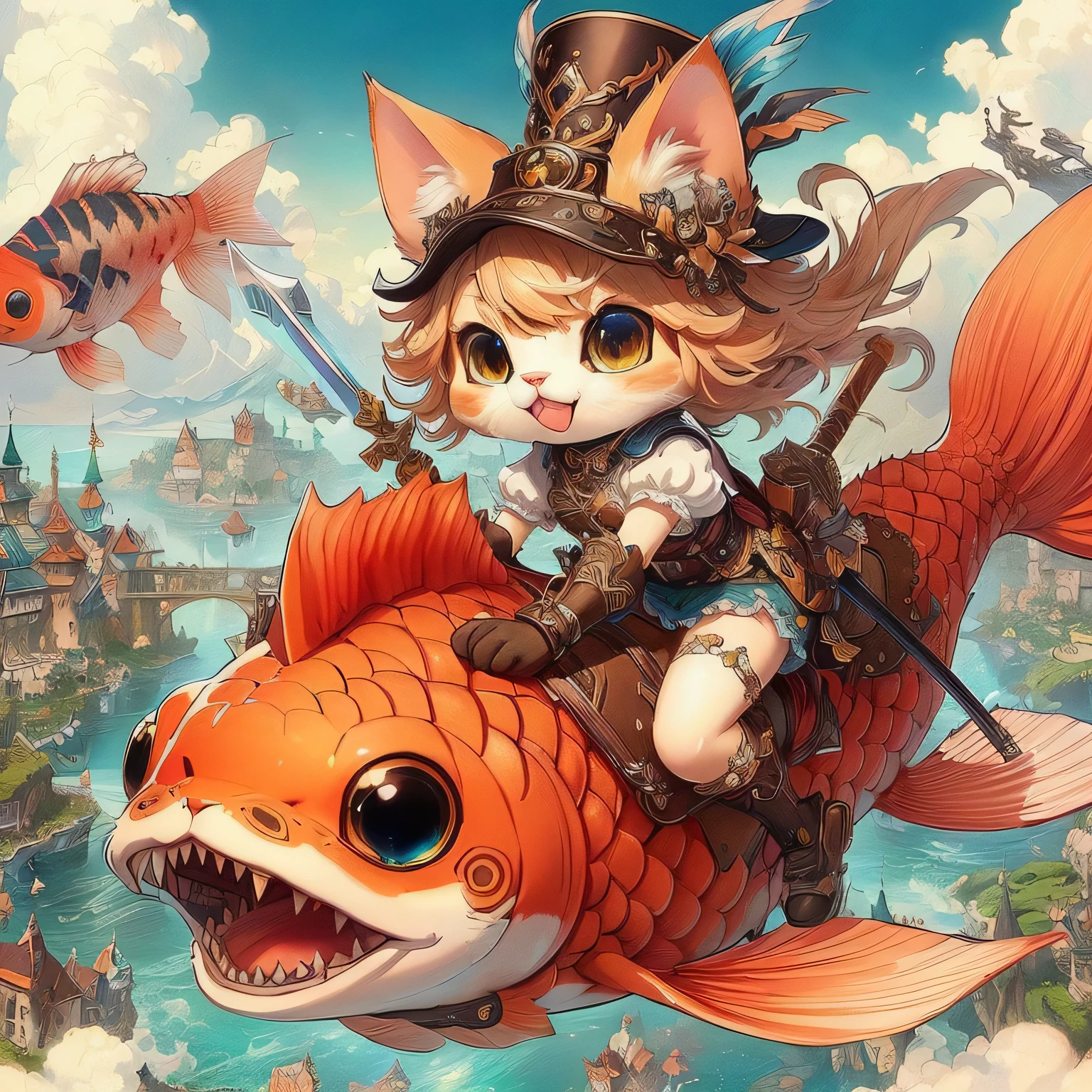 anime, A cat wearing a hat and riding a fish holding a sword, Cute and detailed digital art, artstation pixivでトレンド, World Boss Kitten, MapleStory character art, Detailed digital 2D fantasy art, anime fantasy illustration, everyone, 2. 5 d cgi anime fantasy artwork, anime fantasy artwork, Cute and detailed artwork, Jan J, Fantasy art style