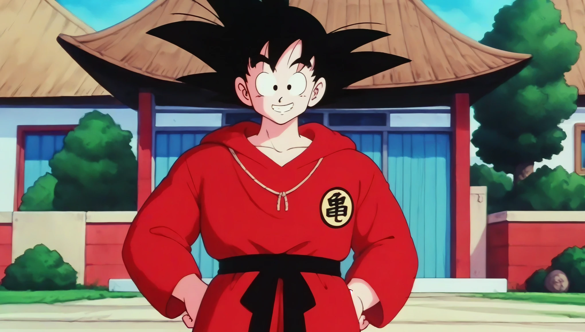 Son Goku, Old age, Black Hair, Iris, Spiked Hair, Jedi Robe, Hooded Robe, Red Robe, フードをsuffer, suffer, Hands on hips, smile, smiling,