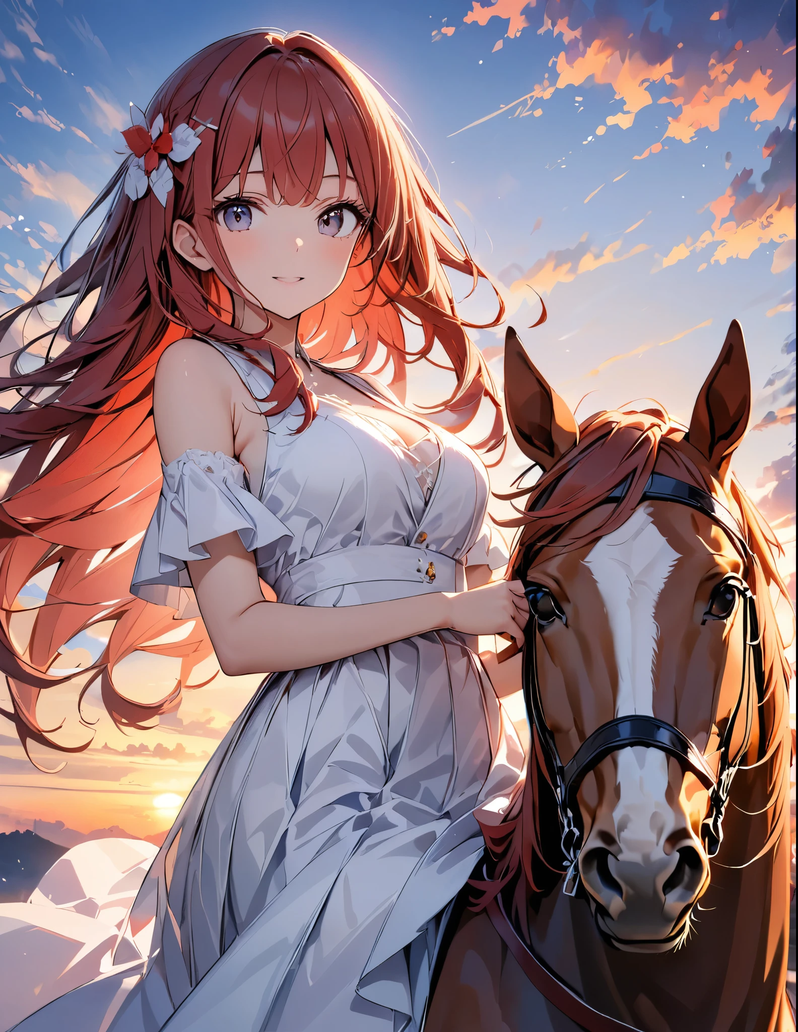アニメ、アニメスタイル、アニメ風、((Amazingly absurd)),超High resolution, Attention to detail, high quality, High resolution, 最high quality, 4K, 8k,Girl on a horse、White dress with a red accent on a white background、Blonde、Long Hair、Red Hair Accessories、Sunset and white clouds background