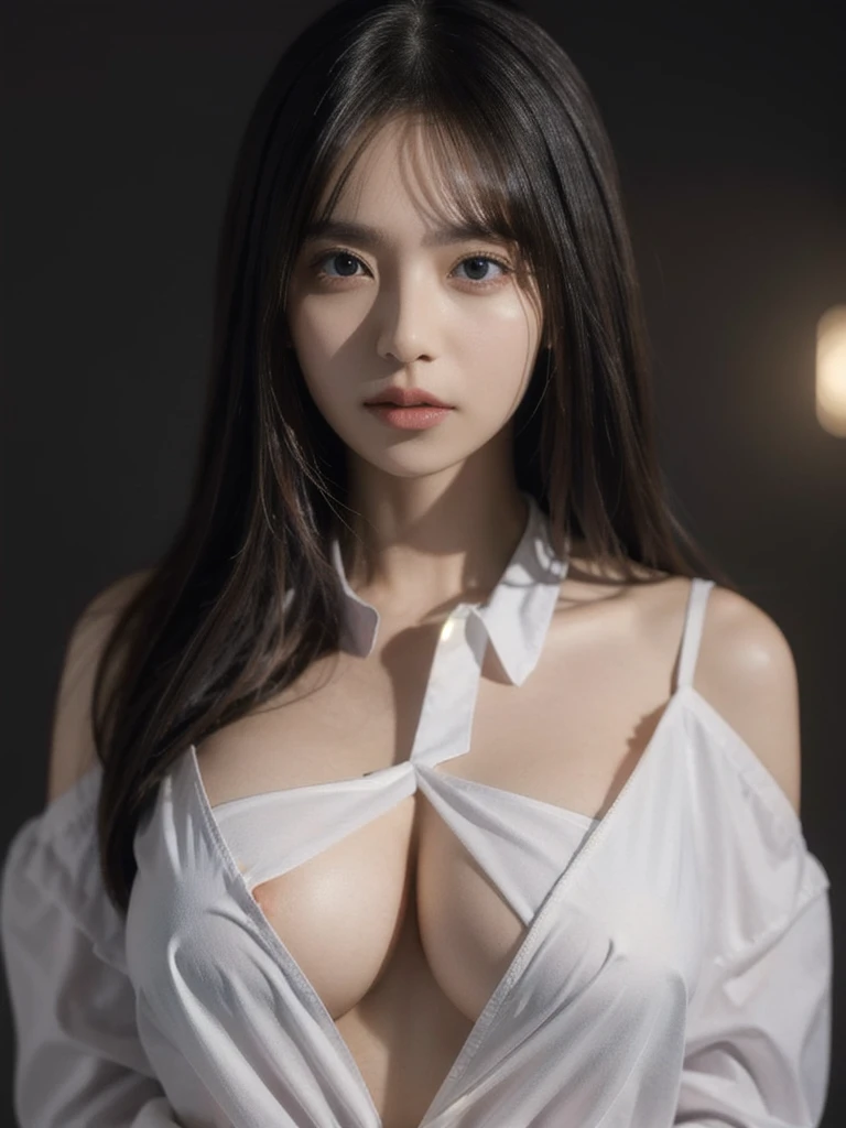 1girl, woman, masterpiece, best quality, highest quality, cinematic lighting, (volumetric lighting), extremely detailed CG unity 8k wallpaper, focused, 8k wallpaper, extremely detailed, ultra realistic, photorealistic, sharp focus, absurdres, (HDR:1.2), (high contrast), photograph, detailed and intricate, instagram, portrait, highly detailed, digital painting, artstation, concept art, smooth, sharp focus, illustration, cinematic lighting, (big breast:1.3), (whole body:1.2), white collar shirt, open shirt, open shoulder