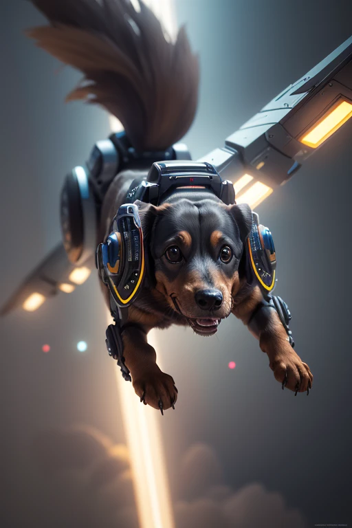 dachshund robot,flying in the sky,highly detailed,photorealistic,8k,masterpiece,extremely detailed,intricate details,dynamic motion,mechanical design,futuristic technology,metallic texture,glowing lights,dramatic lighting,cinematic composition,vivid colors,digital art