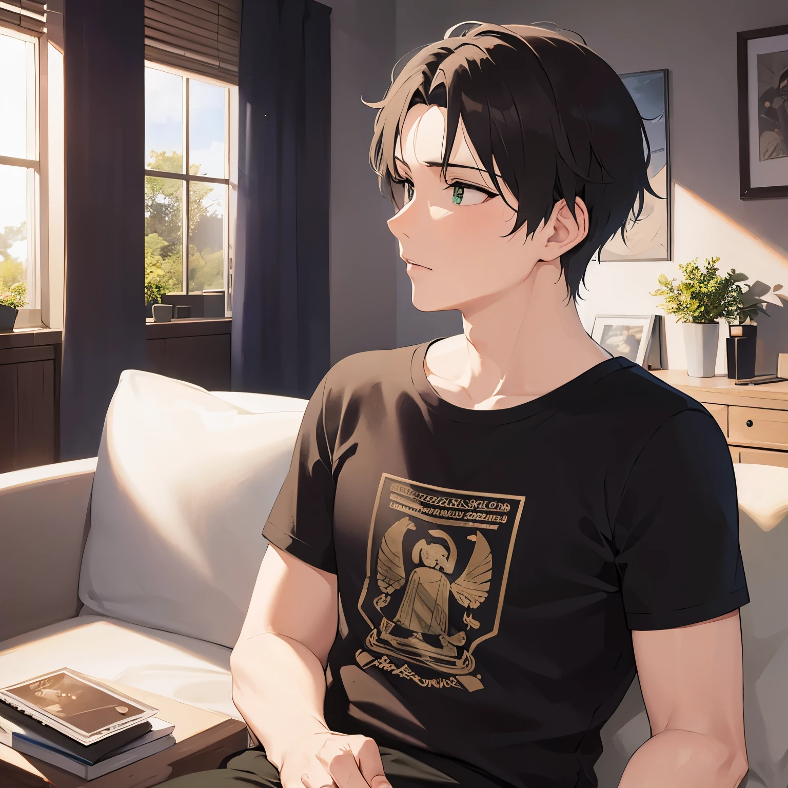 (25-year-old male:1.5) and (Brown short hair) and (Green Eyes), (looking away:1.5),upper body、profile、
shiny skin, masterpiece、Highest quality、
(black T-shirts:1.5) 、
confused,The background is the living room、(alone:1.5)