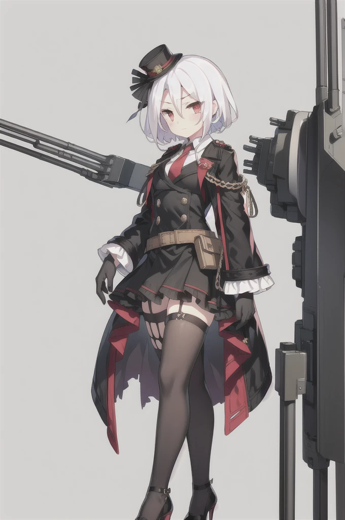 Vittorio_Veneto \(warship girls r\),((masterpiece)),(((best quality))),((ultra-detailed)),((illustration)),((disheveled hair)),((frills)),(1 girl),(solo),1girl,belt,black footwear,black gloves,black legwear,black skirt,blood,blush,breasts,broken,cannon,closed mouth,cup,damaged,fire,gloves,hat,jacket,long sleeves,looking at viewer,machinery,multicolored clothes,necktie,pantyhose,red eyes,rigging,saucer,shirt,shoes,skirt,smoke,solo,striped necktie,tea,teacup,tears,torn clothes,torn dress,torn gloves,torn jacket,torn legwear,torn pants,torn shirt,torn skirt,uniform,white hair,wine glass,short hair,