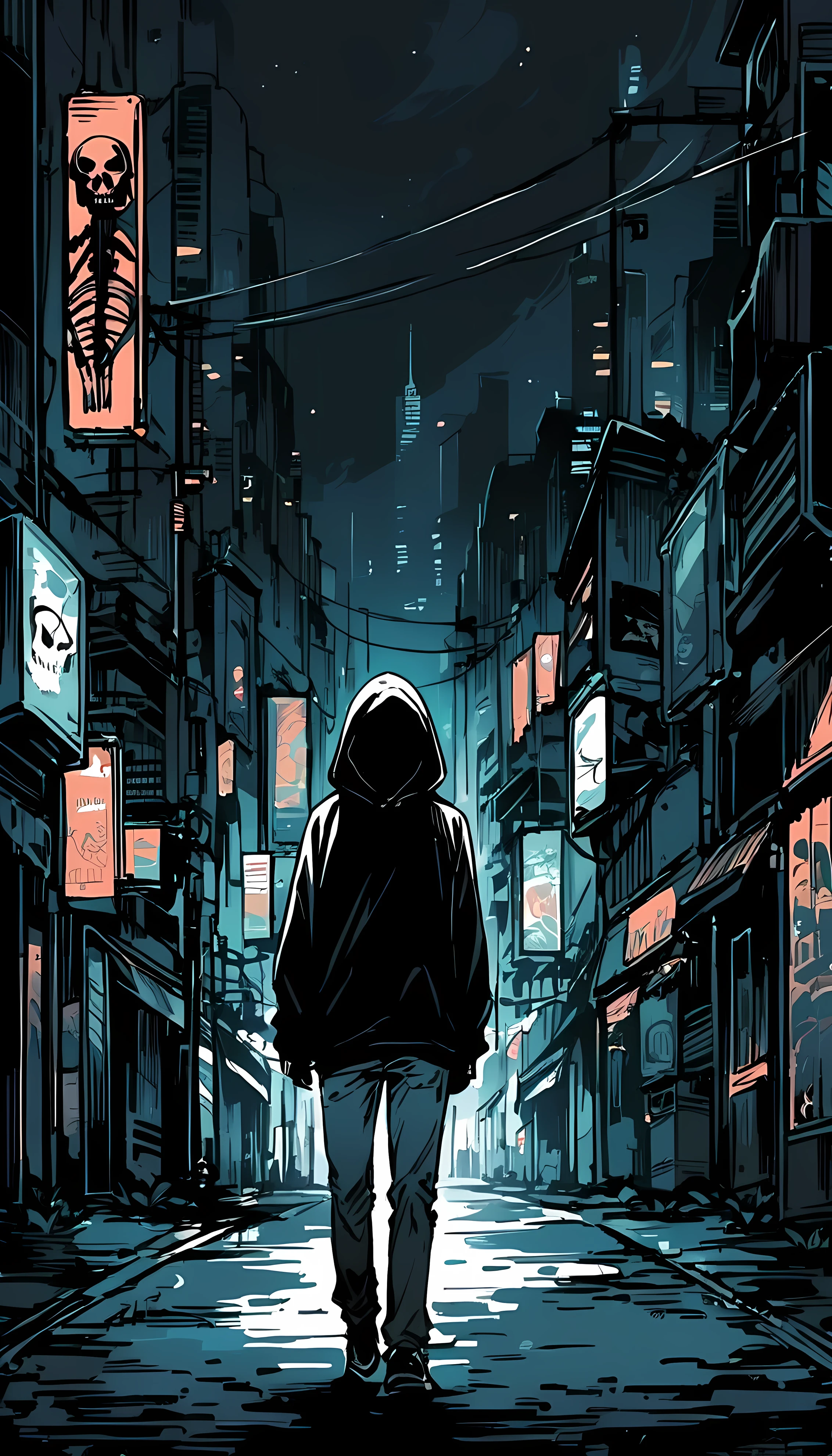a skeleton wearing black hoodie and jeans was walking at a lonely road in a city at night time 