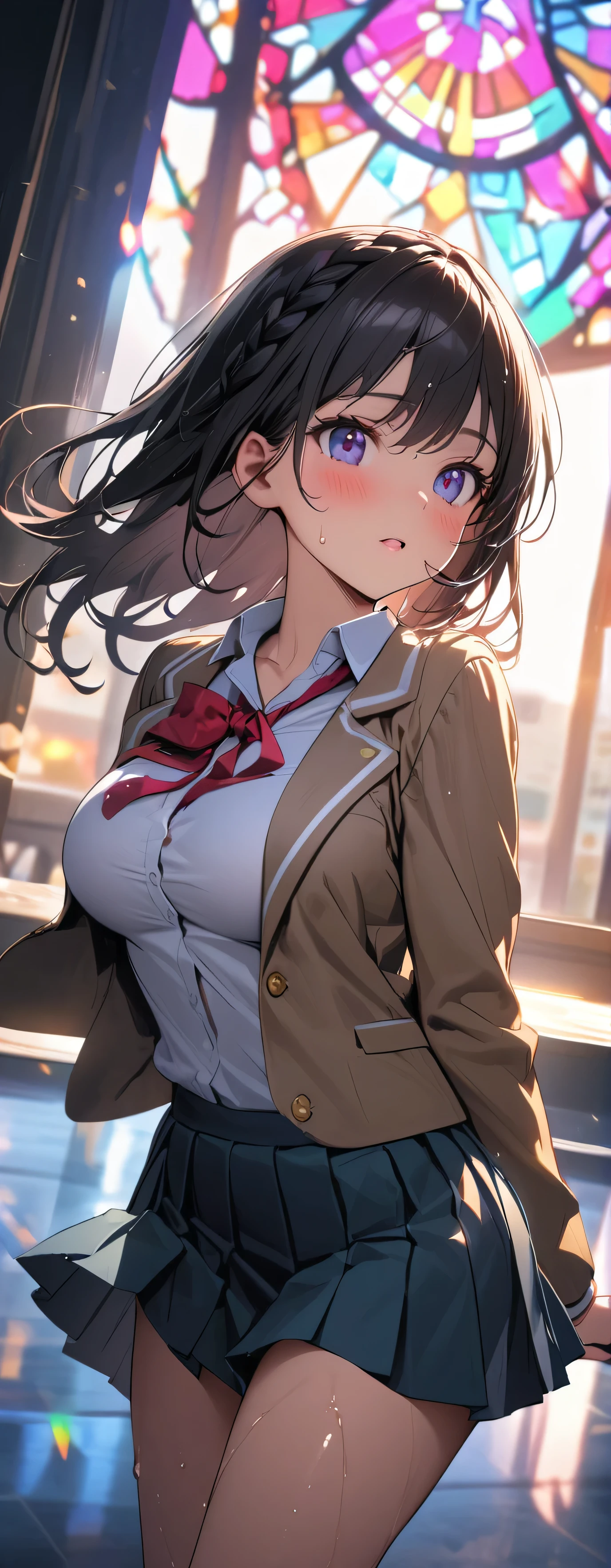 , (beautiful girl: 1.3),1girl,masterpiece, Highest quality, Ultra-high resolution,Rich contrast,super high quality,8k,Highly detailed CG unit wallpaper,texture,Incredibly absurd,Ultra-high resolution,RAW Photos,Depth of Field 1.2,Bokeh,(High School Uniform&Pleated skirt:1.5),Black Hair,Crown braid,Ultra-detailed eyes,(Sensual),Glowing Skin,loafers,Her jacket is open and her breasts are exposed,after the rain,(((Wet))),(Large Breasts),blush,Sigh,Glowing stained glass, Colorful fluorescent,sweatdrop,panting