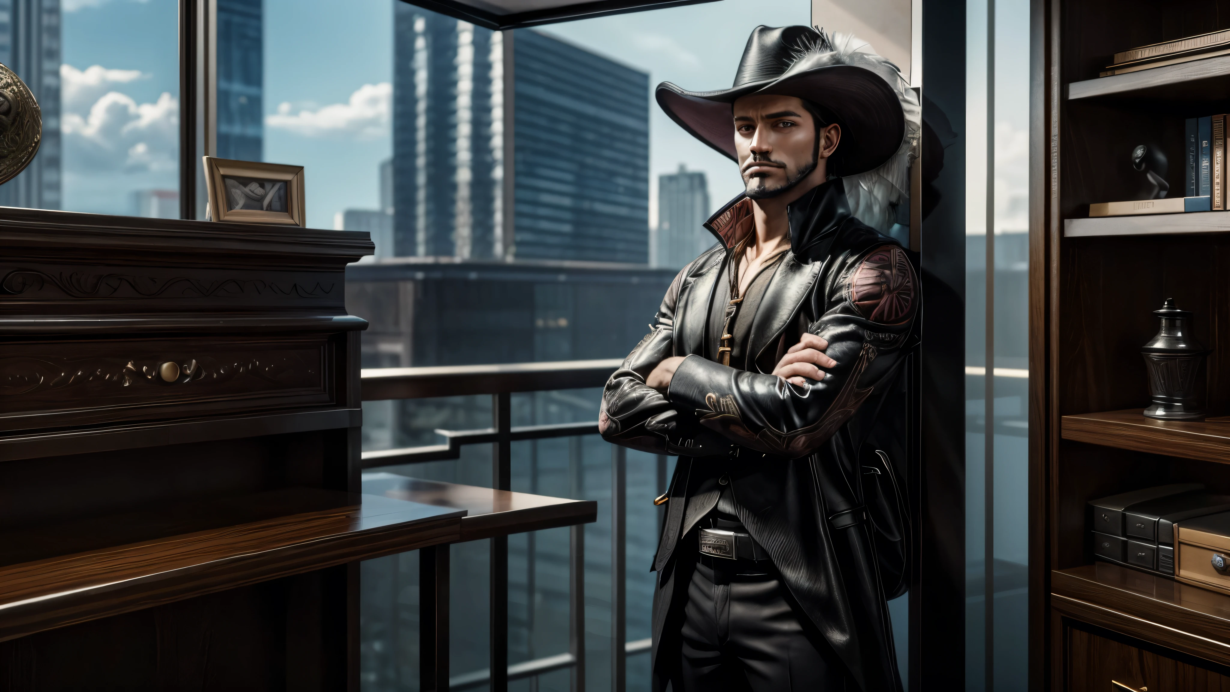 masterpiece, best quality, extremely detailed, hyperrealistic, photorealistic, a cool 40s man, ultra detailed face:1.2, black hat with feathers, wide shot, ultra detailed modern office, glassed in, the view from high-rise, standing, crossed arms