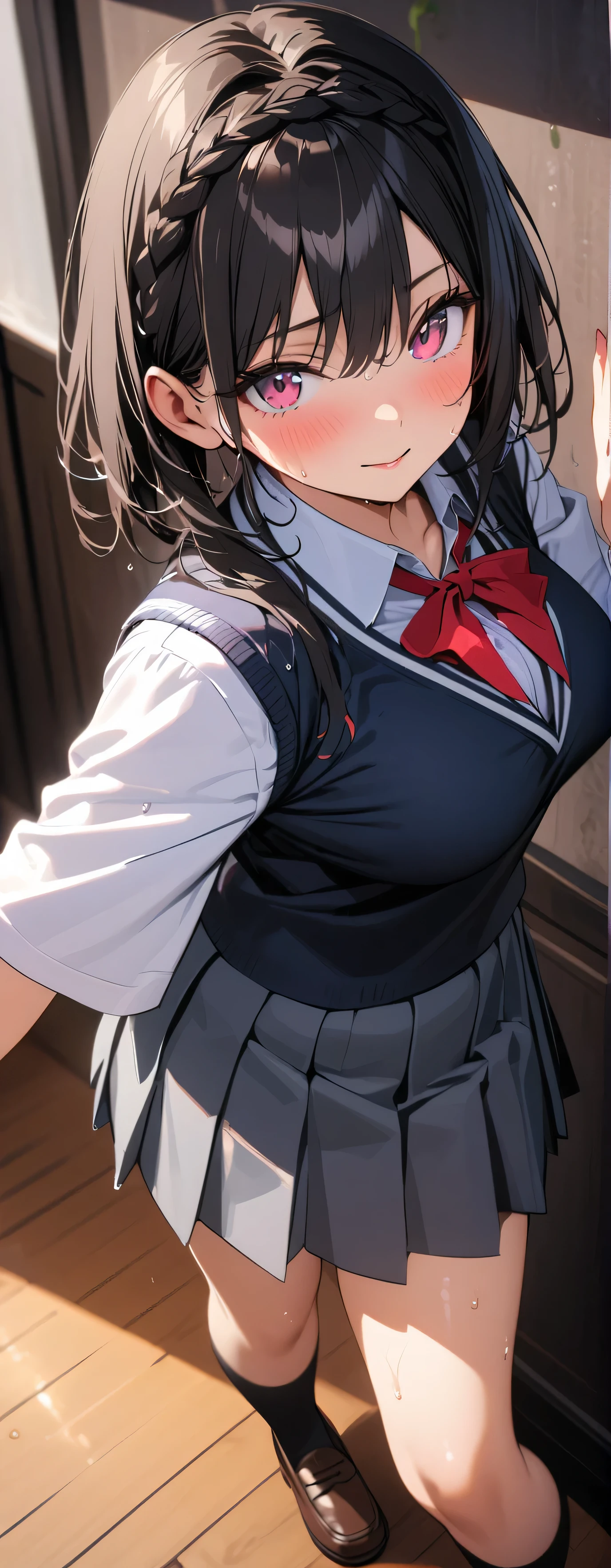 , (beautiful girl: 1.3),1girl,masterpiece, Highest quality, Ultra-high resolution,Rich contrast,super high quality,8k,Highly detailed CG unit wallpaper,texture,Incredibly absurd,Ultra-high resolution,RAW Photos,Depth of Field 1.2,Bokeh,(High School Uniform&Pleated skirt:1.5),Black Hair,Crown braid,Ultra-detailed eyes,(Sensual),Glowing Skin,loafers,Her jacket is open and her breasts are exposed,after the rain,(((Wet))),(Large Breasts),blush,Sigh,Glowing stained glass, Colorful fluorescent,sweatdrop,panting