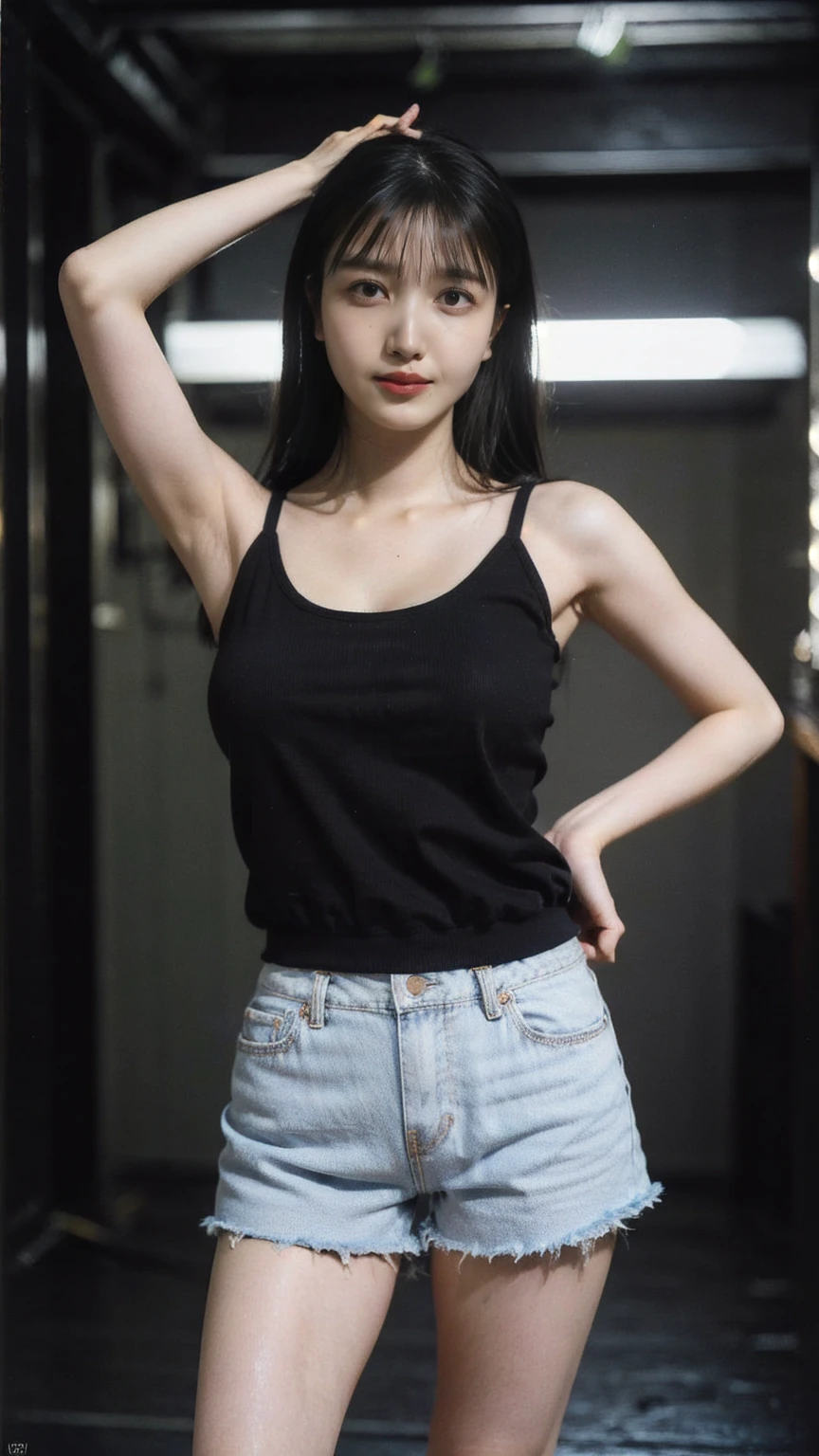 ((1girl)), woman, masterpiece, best quality, highest quality, cinematic lighting, (volumetric lighting), extremely detailed CG unity 8k wallpaper, focused, 8k wallpaper, extremely detailed, ultra realistic, photorealistic, sharp focus, absurdres, (HDR:1.2), (high contrast), photograph, detailed and intricate, instagram, portrait, highly detailed, digital painting, artstation, concept art, smooth, sharp focus, illustration, cinematic lighting, (big breast:1.3), (((skinny, slim legs))), (japanese idol posture), (knit strap tanktop, short pants, cleavage), looking at the viewer, ((arms up)), ((Standing)), ((Medium body shot, hip level shot)), long hair