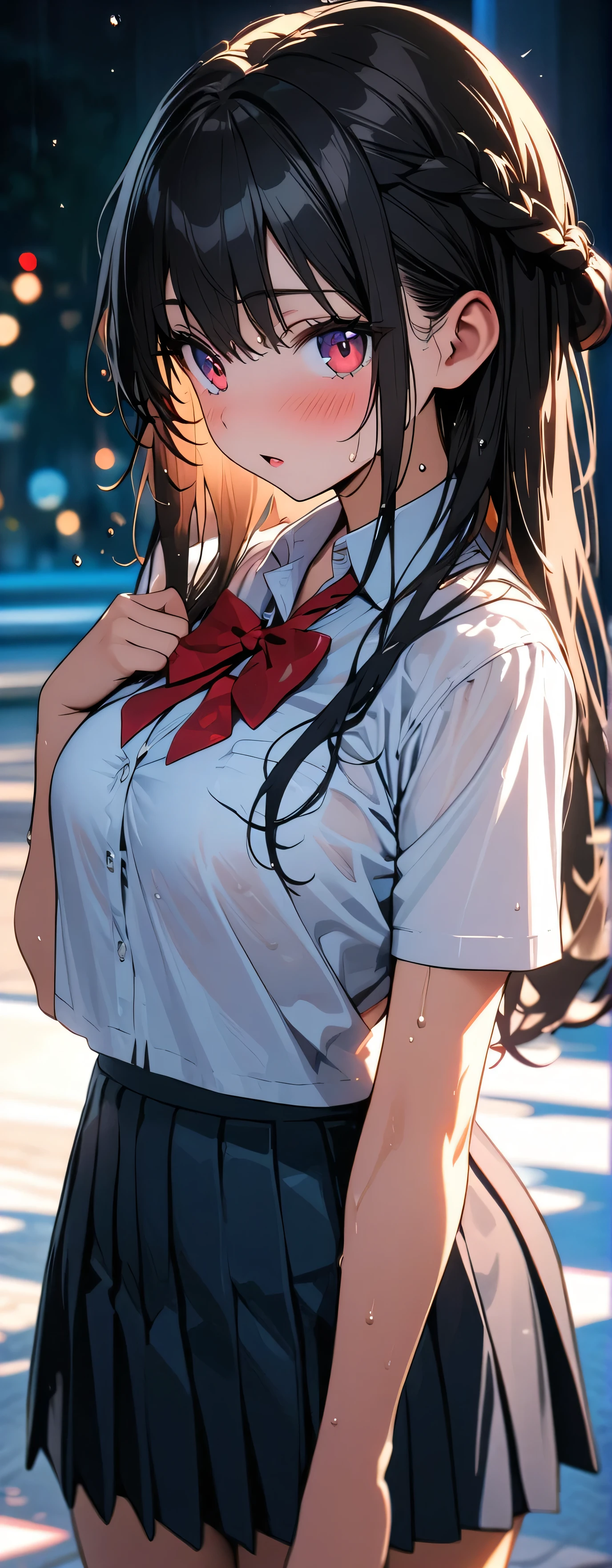 15 years old, (beautiful girl: 1.3),1girl,masterpiece, Highest quality, Ultra-high resolution,Rich contrast,super high quality,8k,Highly detailed CG unit wallpaper,texture,Incredibly absurd,Ultra-high resolution,RAW Photos,Depth of Field 1.2,Bokeh,(High School Uniform&Pleated skirt:1.5),Black Hair,Crown braid,Ultra-detailed eyes,(Sensual),Glowing Skin,loafers,Her jacket is open and her breasts are exposed,after the rain,(((Wet))),(Large Breasts),blush,Sigh,Glowing stained glass, Colorful fluorescent,sweatdrop,panting