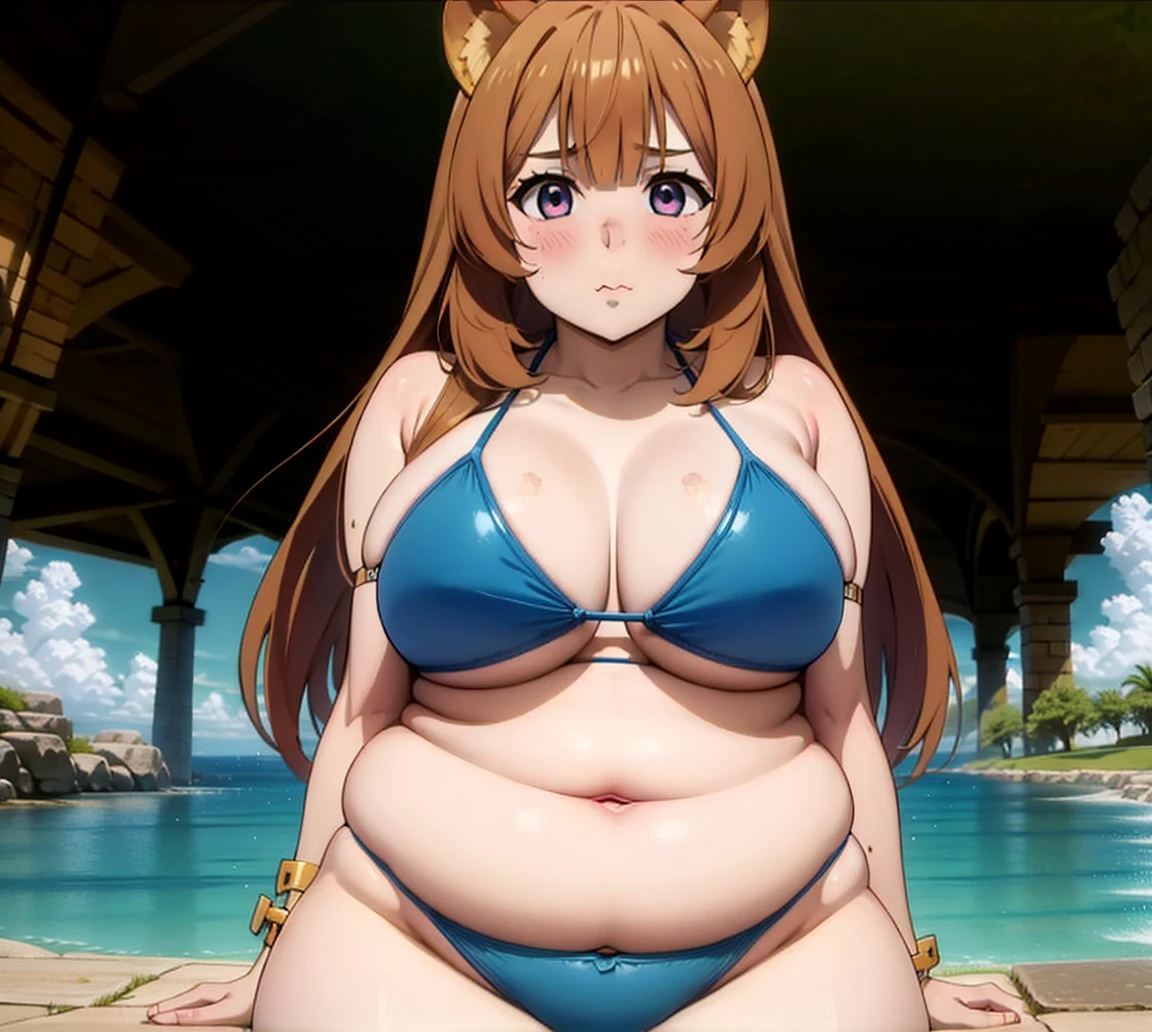 4K, detailed eyes,Fat Raphtalia, thick thighs, blue bikini, fat belly, fat arms, big face, cute, 