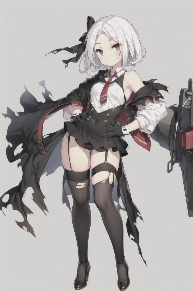 Vittorio_Veneto \(warship girls r\),((masterpiece)),(((best quality))),((ultra-detailed)),((illustration)),((disheveled hair)),((frills)),(1 girl),(solo),1girl, animal, armpits, bangs, bare shoulders, black bow, black footwear, black gloves, black legwear, black skirt, bow, braid, breasts, burnt clothes, cat, chair, closed mouth, collared shirt, cup, damaged, dog, eyebrows visible through hair, floating hair, full body, gloves, gradient, ***, hair bow, hair ribbon, hand on hip, high heels, holding, holding cup, jacket, short hair, long sleeves, looking at viewer, necktie, red eyes, ribbon, saucer, shirt, shoes, sidelocks, skindentation, skirt, sleeveless shirt, solo, standing, striped, teacup, thighhighs, thighs, torn bike shorts, torn cape, torn clothes, torn dress, torn gloves, torn jacket, torn legwear, torn leotard, torn pants, torn shirt, torn shorts, torn skirt, torn sleeves, torn swimsuit, white hair, white shirt