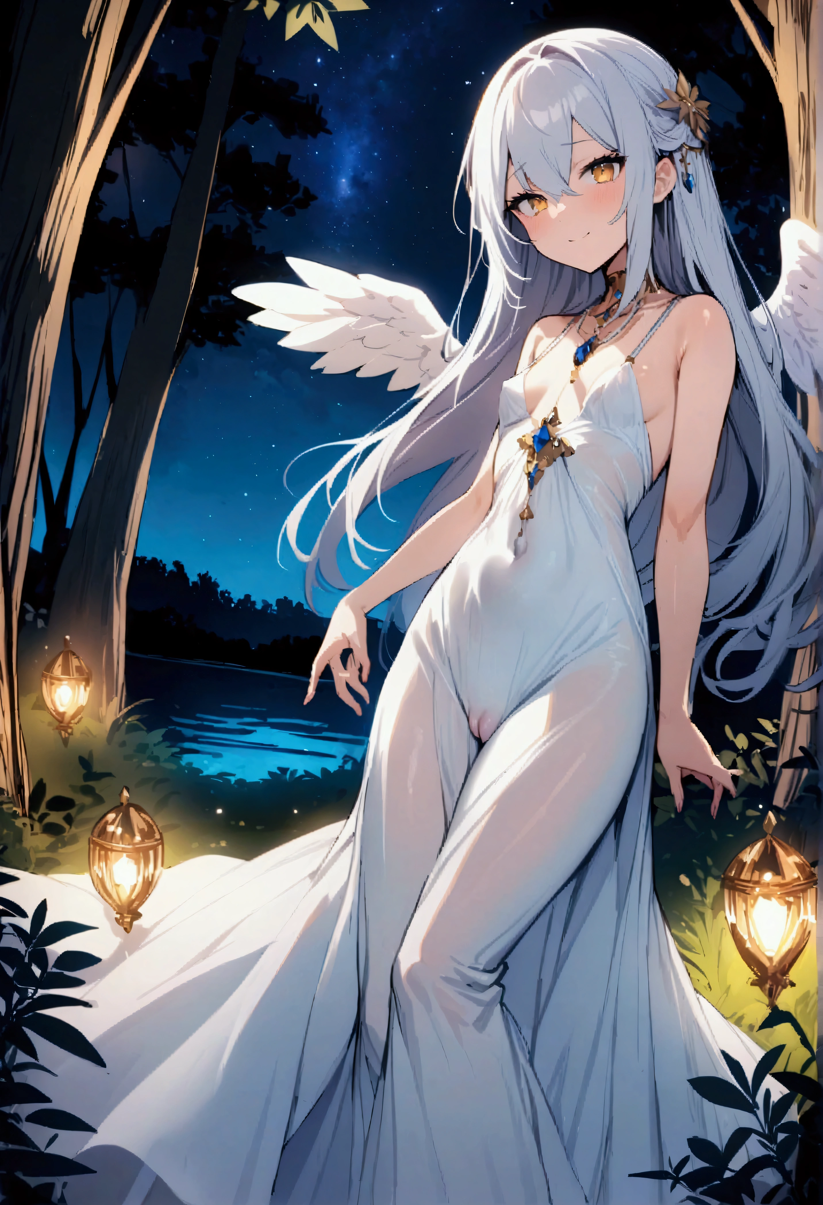 NSFW,masterpiece,Highest quality,High resolution,Very detailed,Girl,Silver Hair,long hair,Golden Eyes,Small breasts,Short height,Angel,wing,A dazzling long dress,gem,Decoration,In the forest at night,Lakeside,Starry Sky,Bad Smile,provoke