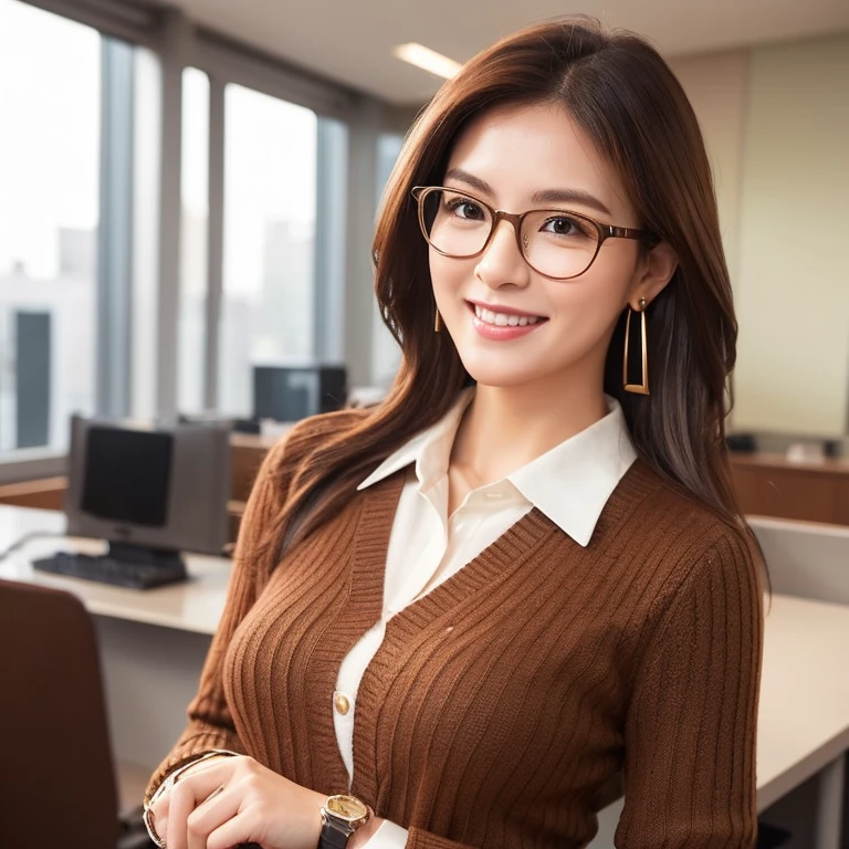 Generate realistic images of professional businesswomen in a modern office environment。Smooth, shoulder-length dark brown hair with subtle highlights、She wears stylish glasses with thin frames.。She was wearing a clean-looking knit sweater.、She accessorizes with gold earrings and a matching watch.。Holding a brown clipboard on his chest、A warm and confident smile。The bust is small。In the background、Natural light coming in through large windows、Modern Office Furniture、And you&#39;ll see a clean and organized workspace.。

