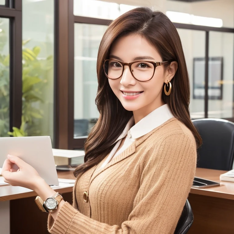 Generate realistic images of professional businesswomen in a modern office environment。Smooth, shoulder-length dark brown hair with subtle highlights、She wears stylish glasses with thin frames.。She was wearing a clean-looking knit sweater.、She accessorizes with gold earrings and a matching watch.。Holding a brown clipboard on his chest、A warm and confident smile。The bust is small。In the background、Natural light coming in through large windows、Modern Office Furniture、And you'll see a clean and organized workspace.。