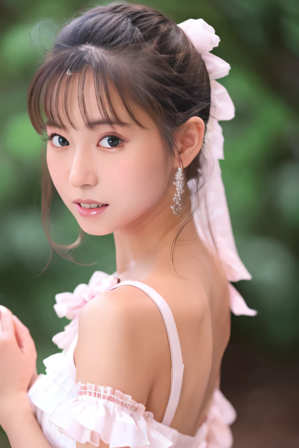 (8k、masterpiece, Highest quality, High resolution,Super Resolution,Very detailed)、Cute idol face、alone、ponytail、 (Face shot)、A white dress with lots of frills and ribbons、Big pink ribbon