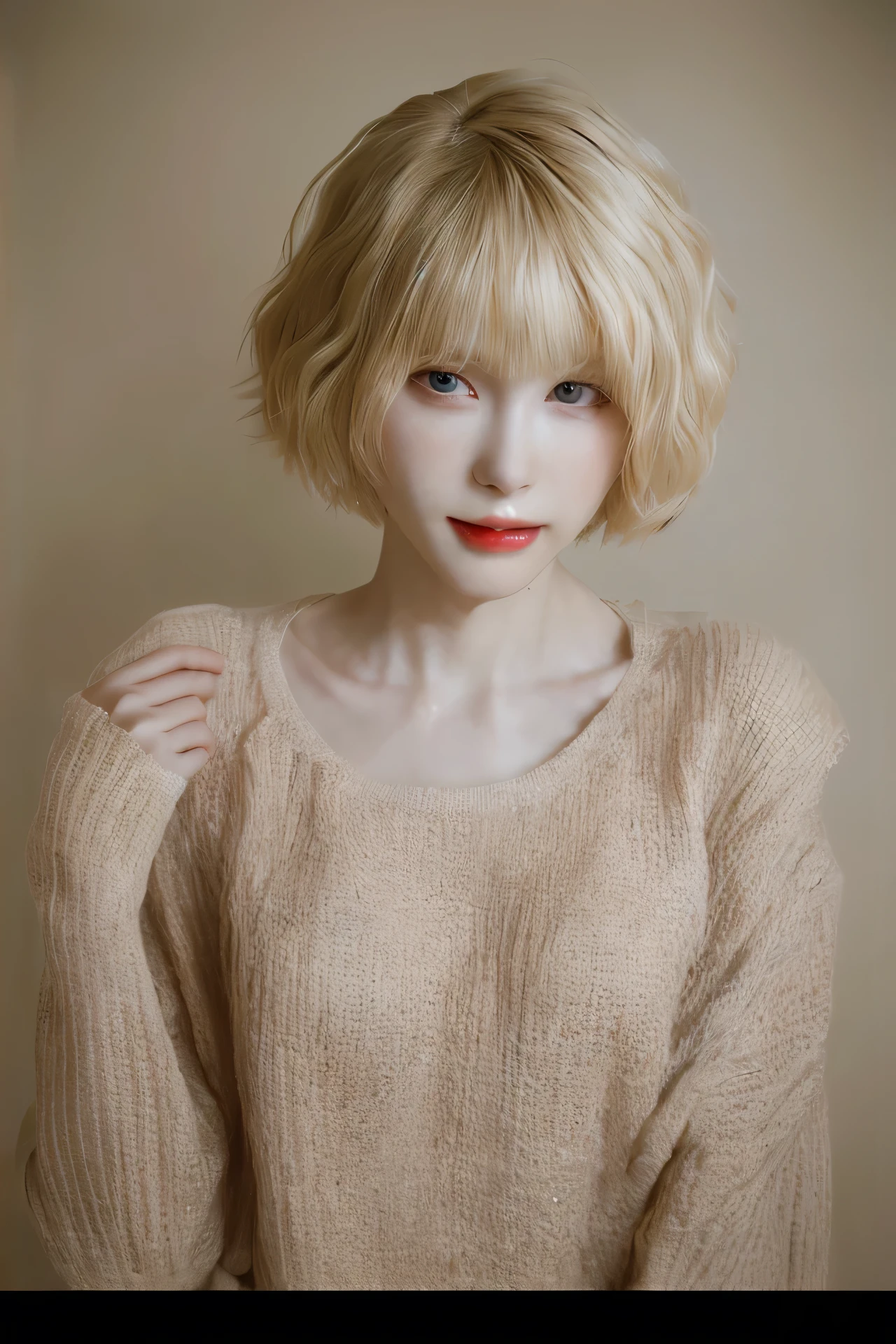 (8k, RAW Photos, Highest quality, High resolution:1.1), (Realistic, photo-Realistic:1.2),  One person, alone , Upper body Beautiful face,  cute, Very fine grain, Cherry heart shaped lips,  Blonde,  short hair,  Cross-eyed,  The beauty salon is in the background.