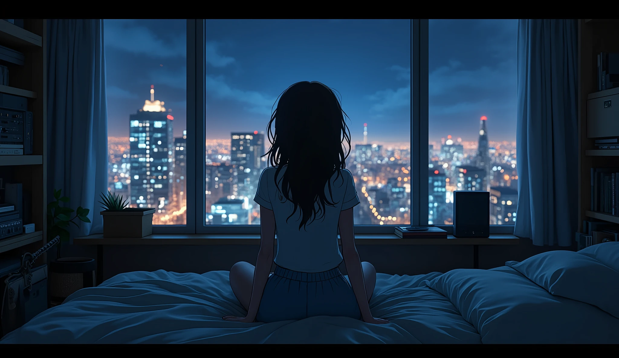 Cinematic 3D animation still cut of a cozy room, large windows overlooking the city at night, Lua, depressed, feeling sad, The bed is unmade, Computer Desk, Cluttered with incompatible furniture, Steampunk, night, Makoto Shinkai, Girl's back view