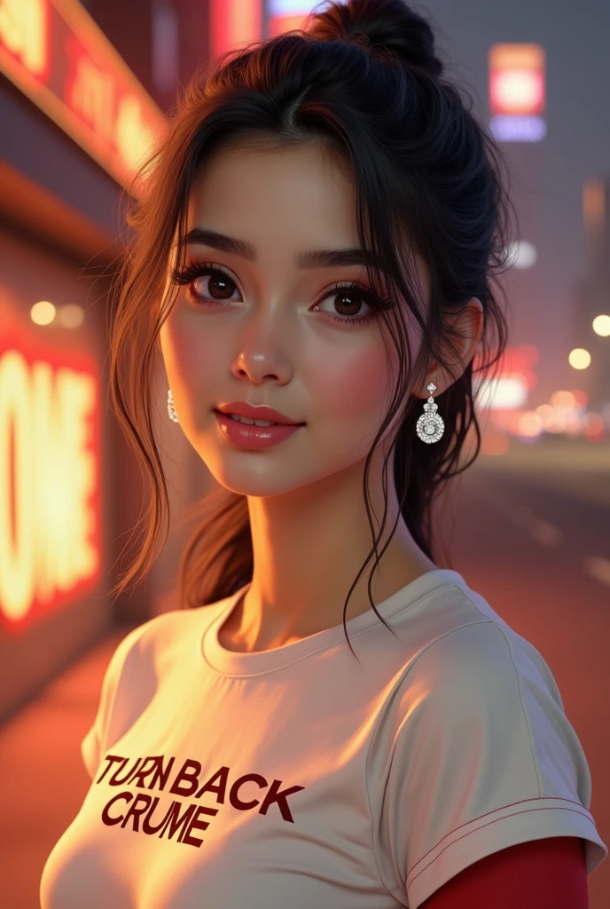 8k, masterpiece, RAW photo, best quality, photorealistic, extremely detailed CG unity 8k wallpaper, Depth of field, Cinematic Light, Lens Flare, Ray tracing, (extremely beautiful face, beautiful lips, beautiful eyes), intricate detail face, ((ultra detailed skin)) ,((Pakistani girl)), full body, big breasts, in the dark, deep shadow, pretty korean girl, kpop idol,(very slim slender fit-muscled body), ((looking at viewer)),(big smile), (fashion city night, (neon sign), (blurry background), midnight, (vacant city), (without people in the background), pretty korean girl, white diamond earrings, dia bracelets, dia necklace, clear eyes, walking , front shot, (pale skin), face forward, (big eyes), ((upper body shot)), (baseball cap), ((red color leggings)), (camel toe, shape), ((T-shirt, that say TURN BACK CRUME)), (ponytail) (looking at viewer), ((smile))
