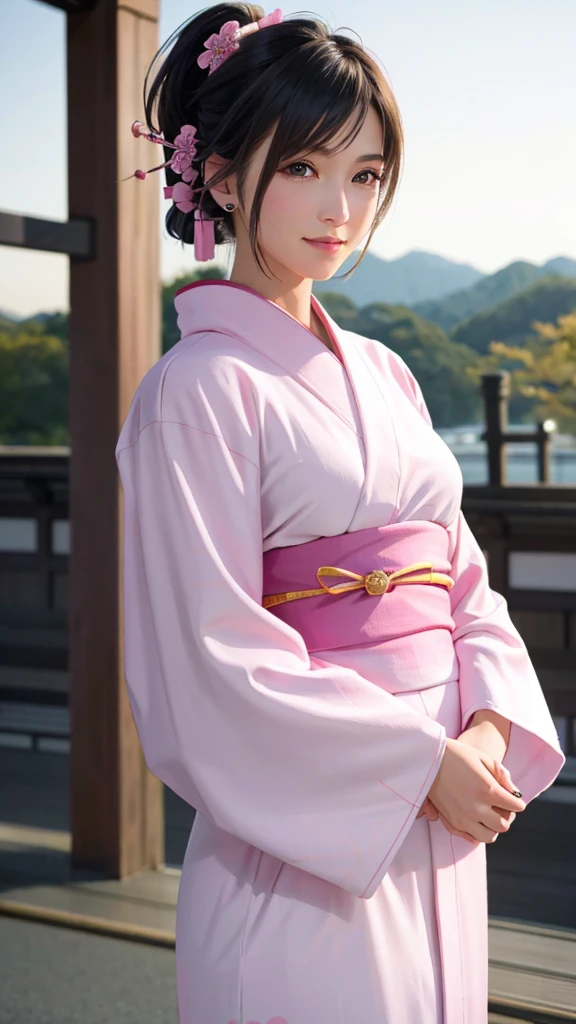 {Top Quality, Masterpiece}, (Realistic: 1.3), Wallpapers, ultra high res, ultra high quality, BREAK {{{FF7, Tifa_lockhart, solo}}},(ponytail), Ultra-detailed face, Detailed eyes, Red eyes, (black brown hair, Large breasts: 1.0), (she is wearing a pink beautiful yukata:1.8), About 18 years old, {{{erotic face ,erotic mouth, erotic eyes}}}, erotic pose:1.2, blush, shy ,smile, BREAK (Kyoto:1.1,evening:1.5), 