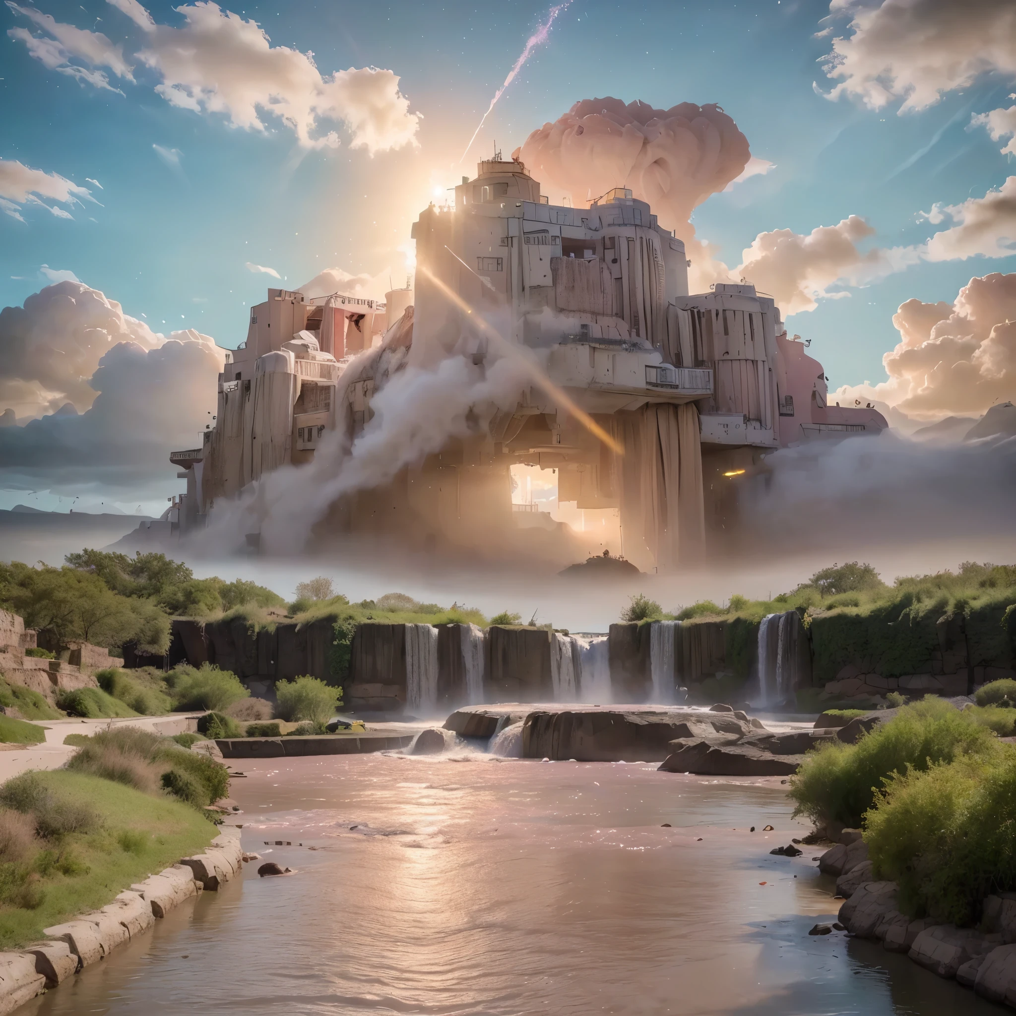 (8k, highest quality, masterpiece, final fantasy style: 1.2), (unRealistic, photoRealistic: 1.37), Dreamy landscape, Fantasy, Unsurreal landscapes, Super detailed, Flying Castle, Floating Island in the Sky, Seven-colored swirl of light, Intense lightning, milky way, Complex Light, Colored light, Large Lake, Starry sky reflected on the lake surface, Countless shining stars, Meteors, Reflections , (A pillar of light emanated from the ground:1,2), (((roses and orchids gardens , bright day , pink clouds, waterfalls in the sky, realistic style, Hyperrealism drawing, a flying pirate spaceship floating above the clouds)))) , burning skyscrapers, , timeless realms, stunning princess , casting spell, healing light magic effect, in a magical lagoon of the fairyland, crystal clear water surface reflections, sharp focus, looking at viewer, (close-up:0.9), (bright white theme:1.2), (bright white tone:1.2), (deep blue tone:1.3),((( realistic, Hyperrealism, vivid colours , landscapes , alien cyborgs , science fiction themes))),