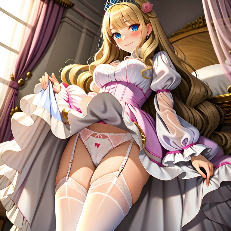 nsfw, best quality, masterpiece, super fine illustration, high quality illustrations, beautiful artwork, detailed skin, detailed face, detailed eyes, 1girl, solo, skinny, princess, (slut: 1.5), skirt lifted, white panties, , blunt bangs, blonde hair, blue eyes, blush, curly hair, wavy hair, long hair, silver tiara, very long hair, smile, white garter belt, white garter straps, indoors, princess dress, juliet sleeves, long sleeves, from below, looking at viewer, puffy long sleeves, puffy sleeves, see-through, skirt, white thigh highs, window, canopy bed, curtains, open clothes, 