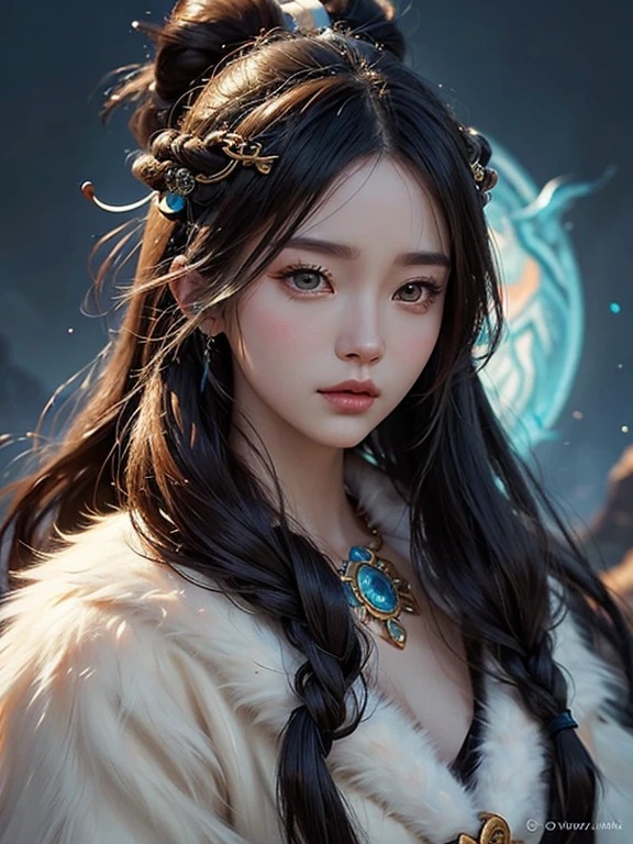 Close-up of a woman wearing a fur coat, artwork in the style of Gwaiz, Gwaiz, Jan J, Beautiful young wind spirit, Beautiful character drawings, Li Song, the style of Wow, By Ye Shin, Gwaiz on artstation pixiv, Wow |, By Zhou Fang

