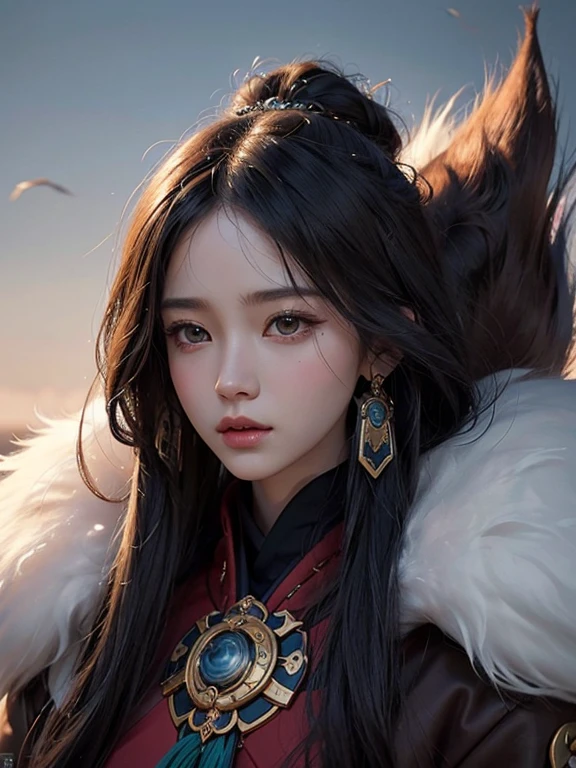 Close-up of a woman wearing a fur coat, artwork in the style of Gwaiz, Gwaiz, Jan J, Beautiful young wind spirit, Beautiful character drawings, Li Song, the style of Wow, By Ye Shin, Gwaiz on artstation pixiv, Wow |, By Zhou Fang
