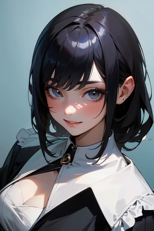 (Highest Resolution, clear_image) Highest quality, single, One woman, alone, masterpiece, Very detailed, Semi-realistic, Black Hairのショートヘア, Black Hair, bangs, 18-year-old, mature, Light blue , Indoor Background, kind, Authoritative, Powerful, exquisite features, exquisite features、Eyelashes become longer、Showing teeth、smile😀、Maid clothes、woman'Fingers in the、Sleeping on the sofa、Long Hair、Fluttering in the wind、((Change of clothes)).