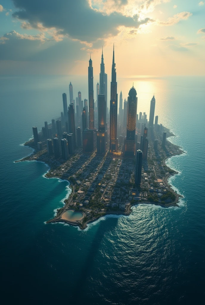There is a futuristic artificial city in the center of the image,The city is bathed in sunlight,The city floats on the sea with the waves,The city is surrounded by ocean,But the surrounding ocean makes people feel depressed and dark,Add Chinese text to the blank space of the image:Mythical city on the sea