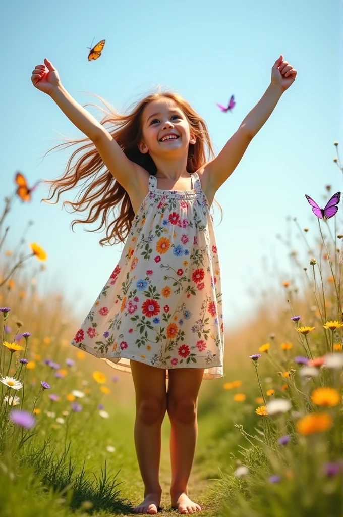 Girl with both arms raised with her hands behind her head and her legs open peeing