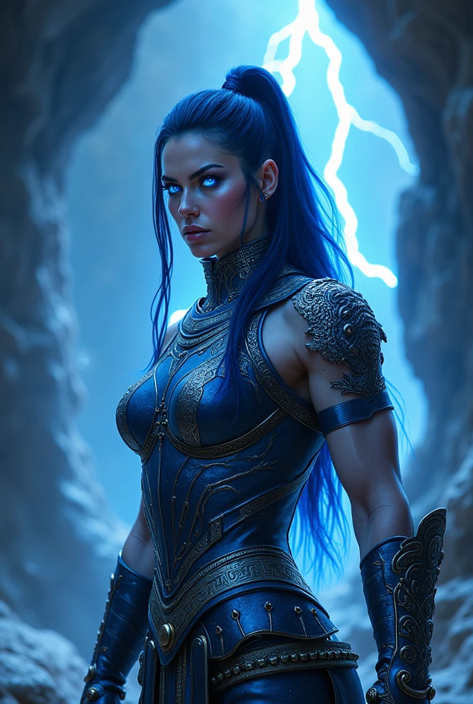Aletta Ocean, angry evil beautiful and muscular, Nordic female, towering storm Giantess with blue black hair in a ponytail, older and mature woman, throwing a lightning ball, celtic glowing tattoos, wearing nordic steel runic plate mail Armour , temple cave background with lightning storm, glowing blue eyes, square jaw, powerful and imposing, winter clothing, pale blue purple skin, ((full plate celtic dragon armour)), nordic tattoos, fit bodybuilder