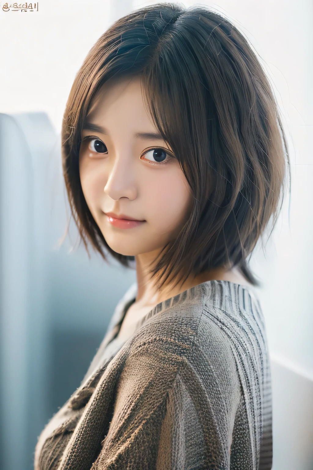 student girl korean cute　face　model studio photo background in departemen store highly detailed ,8k, masterpiece ,short hair 