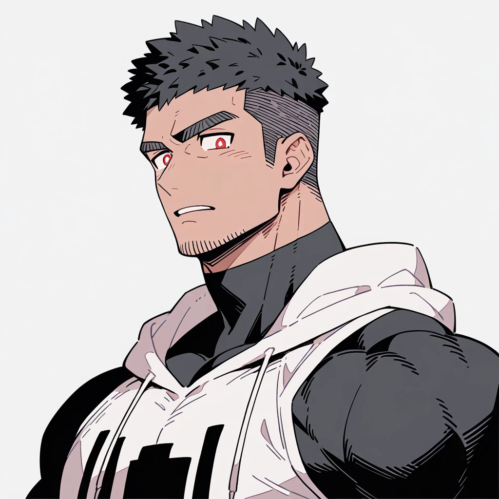 anime characters：Spider-Man, Dark Grey Skin Muscle Sports Student, Manliness, male focus, Sports tight hooded sweatshirt, Under Armour Brand, Wear a high-necked tights underneath, Very tight, Huge pectoral muscles, muscular male, muscular, only, Upper body, alone, Red short hair, Thick eyebrows, stubble, Brown-red pupils, White background, Solid color background, Clean background, simple background, amazing quality, best aesthetics, Ridiculous, crew cut, bright pupils, embarrassed, frown, parted lips, endured face, negative space, negative space, best quality