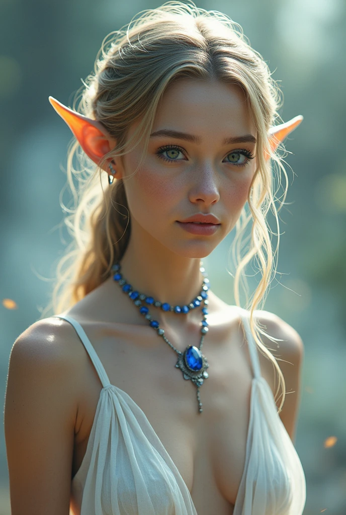 Waist shot of a female elf, Complex, Narrow Face, elegant, Wearing a sapphire necklace, White lightweight dress with straps, To the camera, Very detailed, Digital Painting, Art Station, Concept Art, Smooth, Sharp focus, figure, ArtJam、Greg Rutkowski、Art by Alphonse Mucha, 8k, Volumetric Fog, bloom, light, lumen, Crank blur