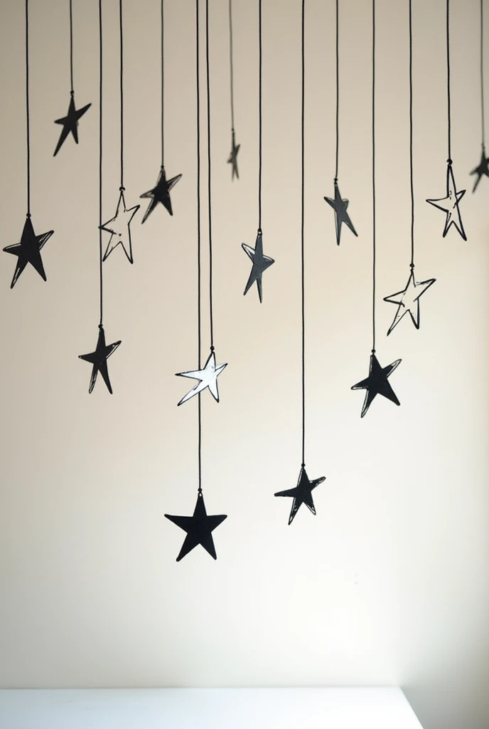 Stars hanging from the ceiling, simple drawn and in black and white