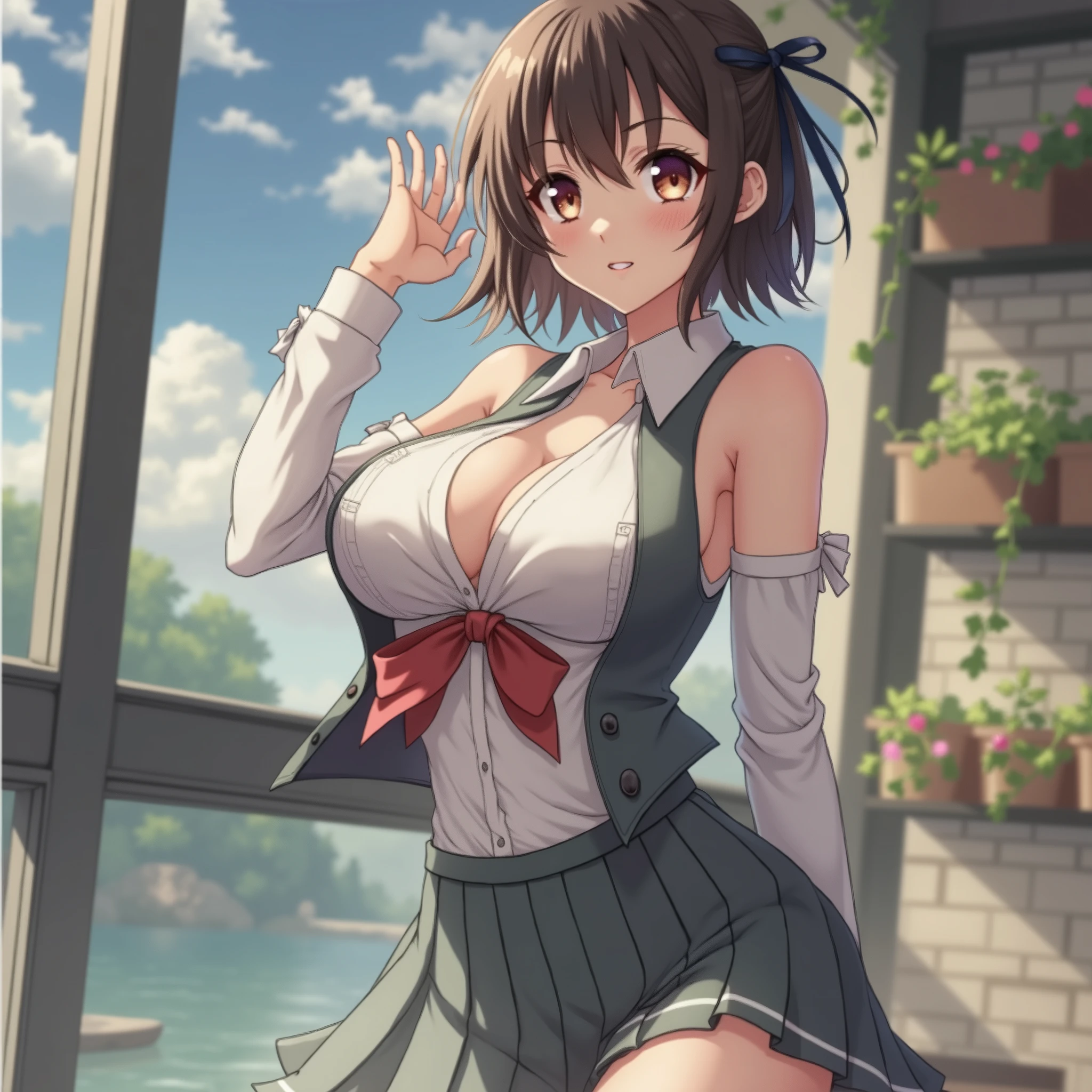 a female anime character with large breasts, beautiful detailed eyes, beautiful detailed lips, extremely detailed face, long eyelashes, detailed school uniform, skirt blowing in the wind, cute expression, dynamic action pose, complex background, vibrant colors, dramatic lighting, 8k, high quality, masterpiece, photorealistic