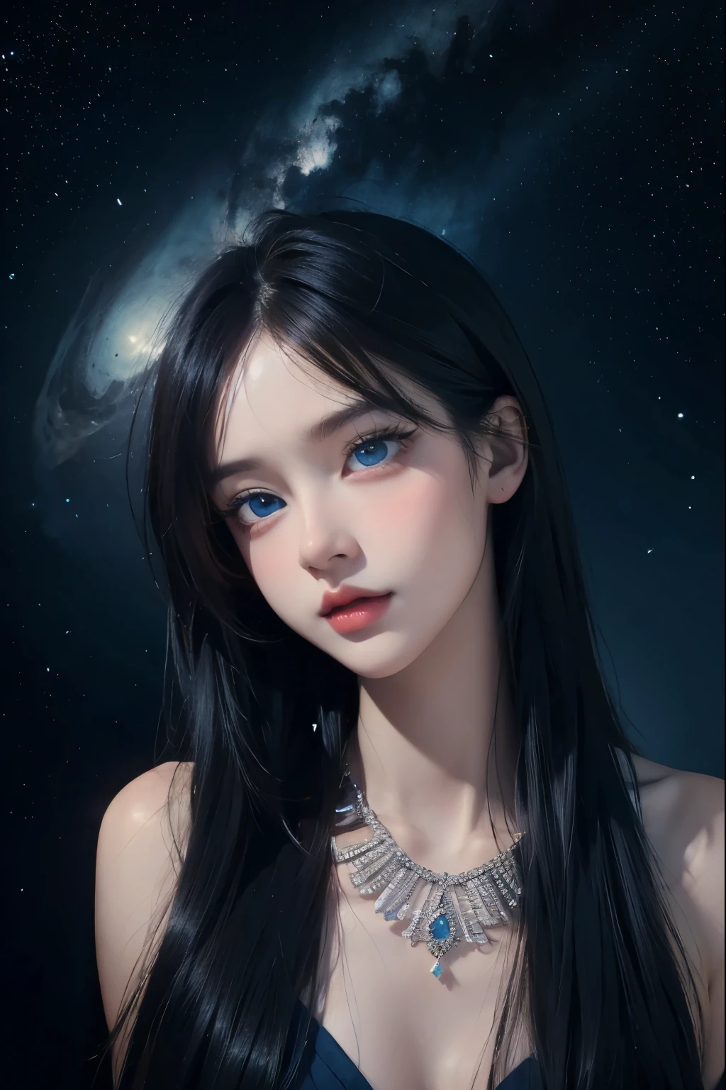 ( high quality , very detailed, Careful Hand )Constellation - Sagittarius Goddess , Similar to the Latin word goodness . optimistic, fair, funny and intelligent face . reckless, merciless, annoyed, overconfident style . deep blue eyes (Eye Details) , dark blue hair，shining , transparent dress , 별이 shining 바다에서 , whole body , Fire Makeup , Chiron