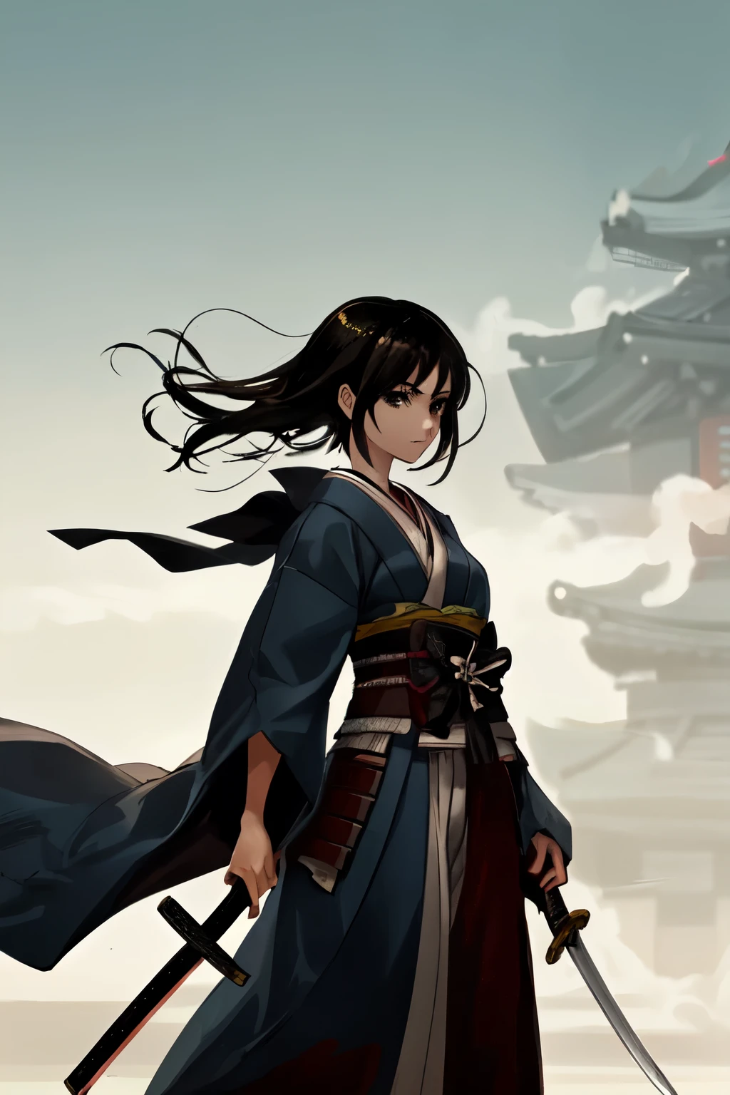 A lone figure, set against the backdrop of the Sengoku period. A beautiful young woman, a character from Japanese anime, wielding two swords, with black hair and a short samurai haircut.