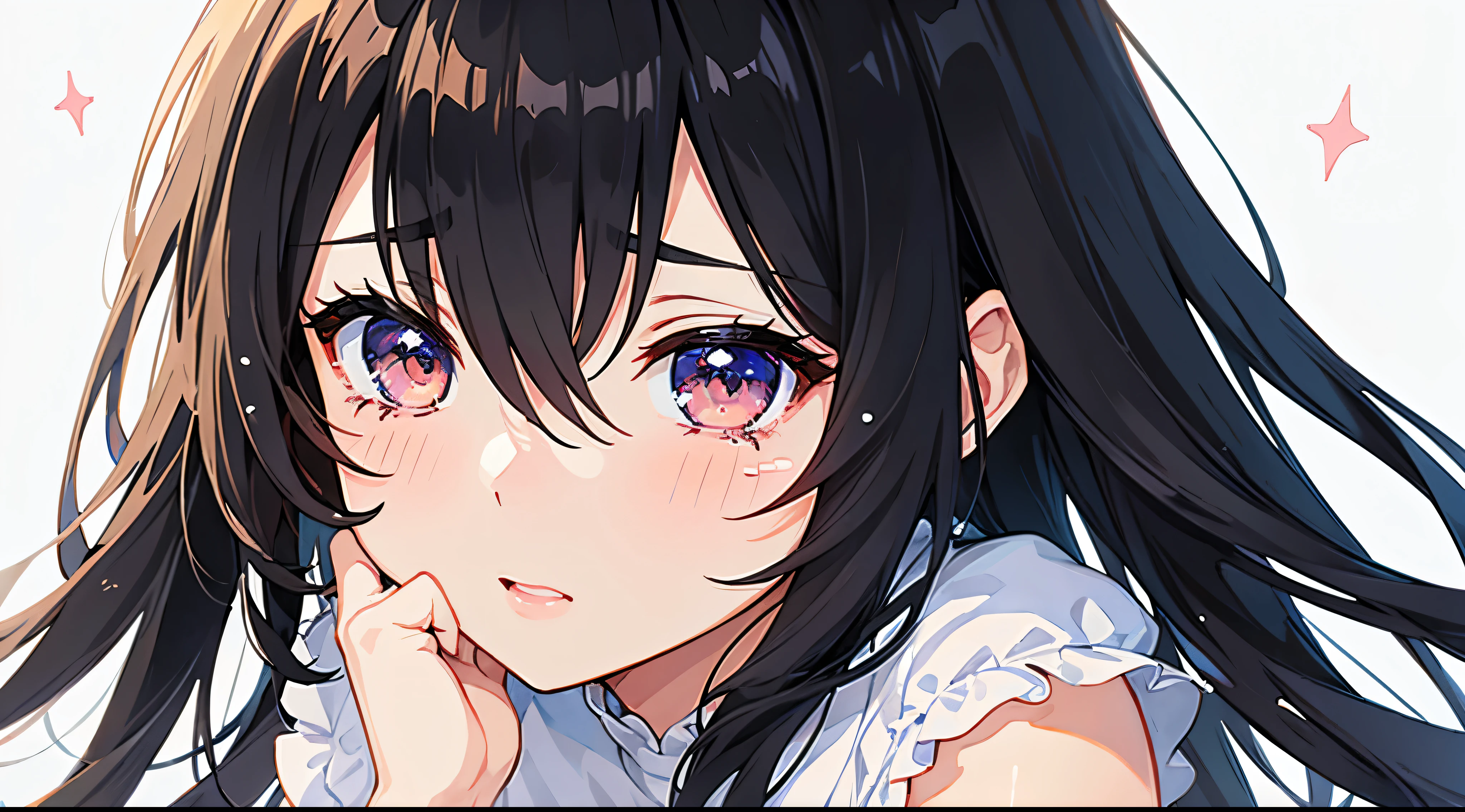 Cute illustrations、Girl、Black Hair、Half crying、My eyes are watering、Wearing a dress、One girl、The background is a starry sky